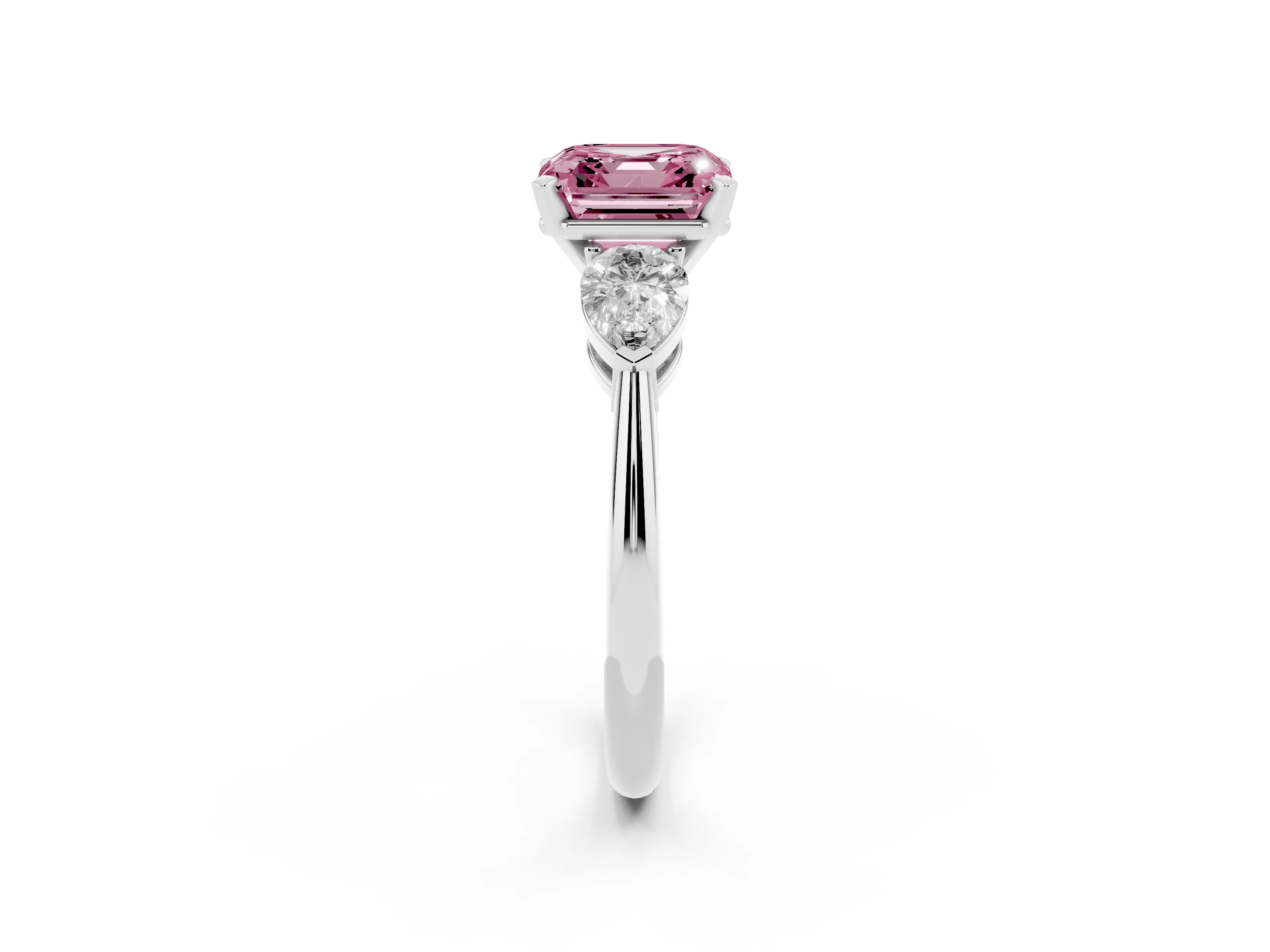 Fancy Pink Three-Stone Asscher Cut Diamond Ring Set in Silver with Pear Side Stones and Prong Setting
