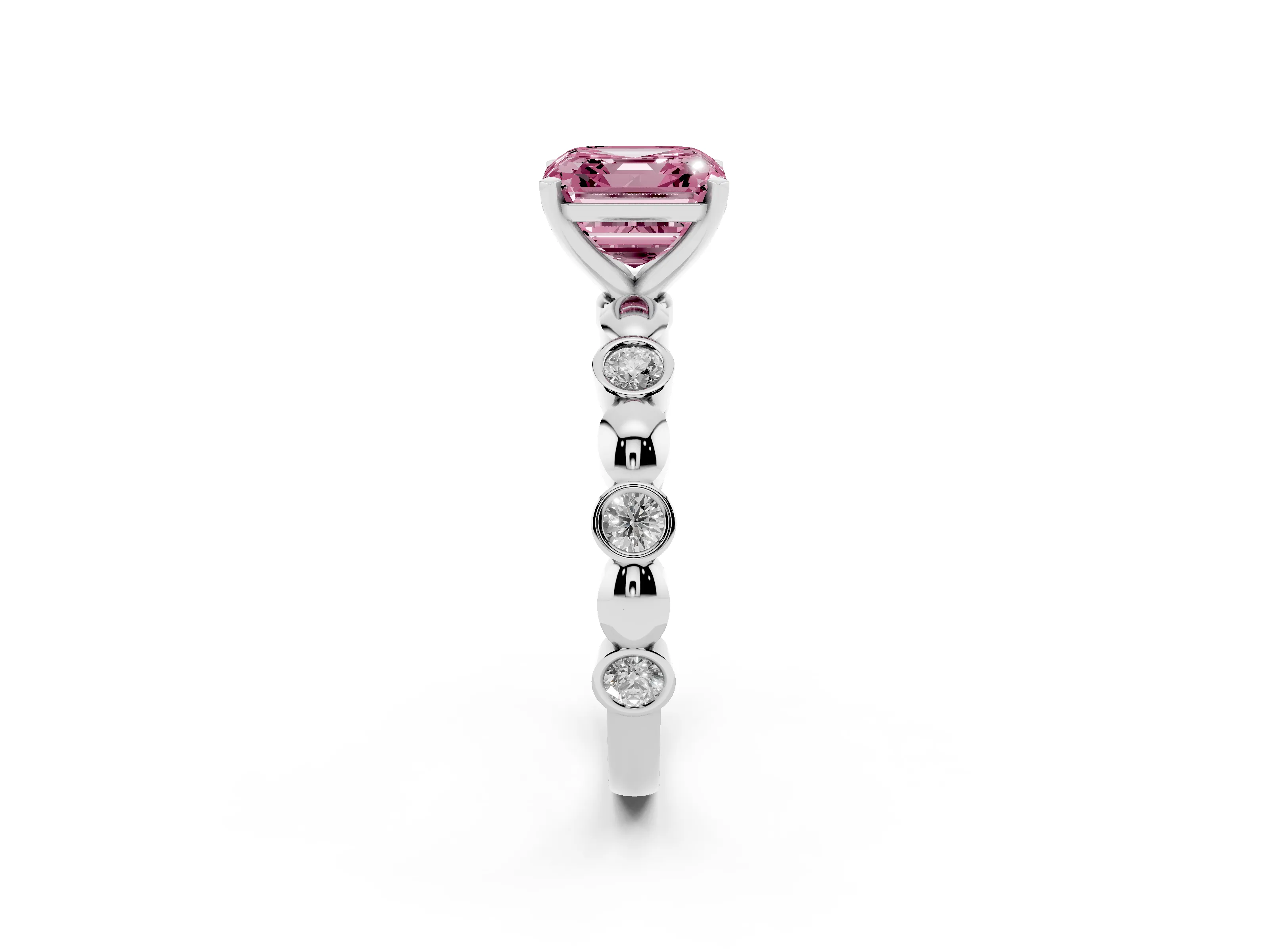 Fancy Pink Asscher Cut Diamond Solitaire Ring Set in White gold with Bezel-Set Accents on Beaded Band and Prong Setting