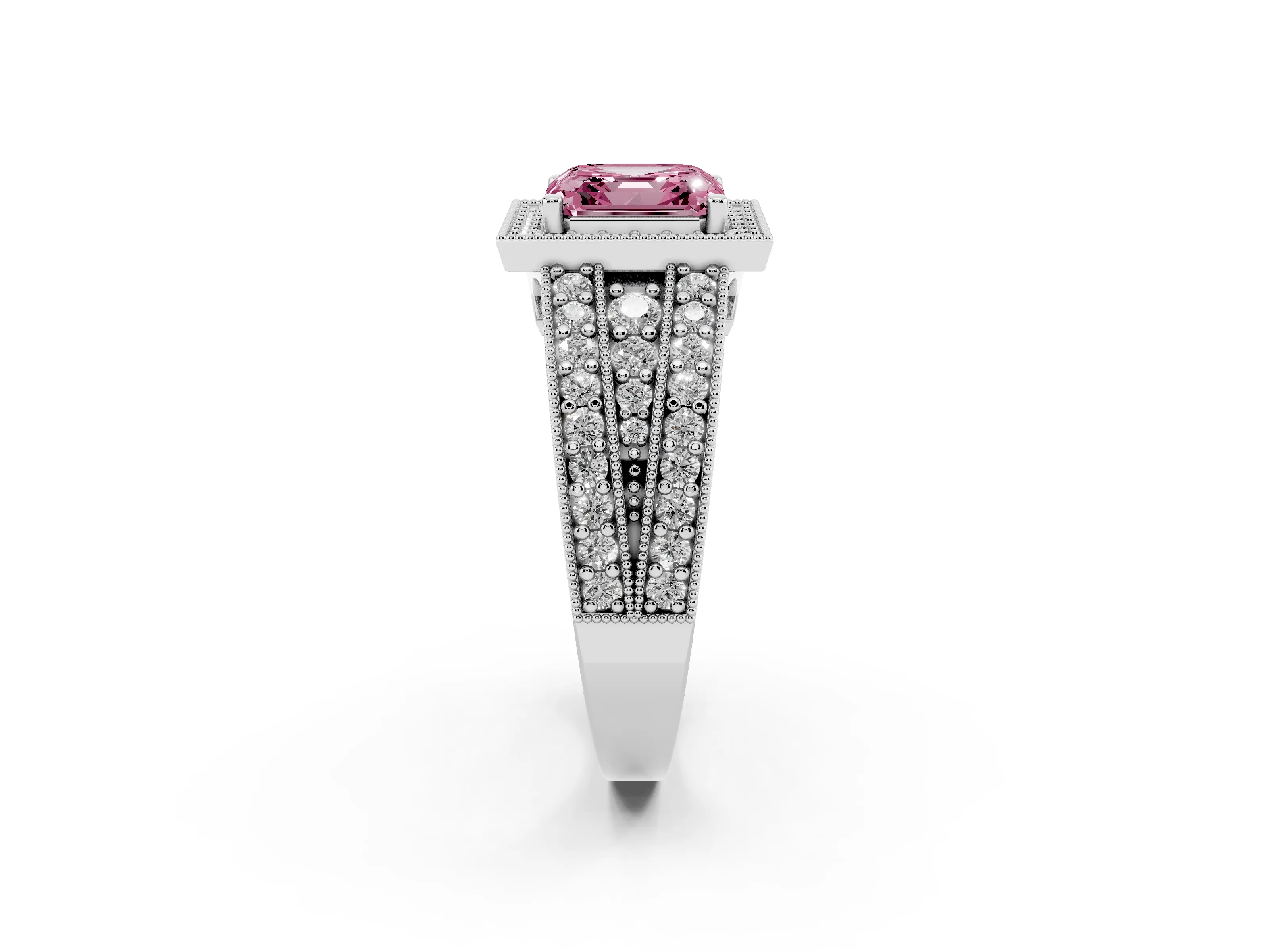 Fancy Pink Asscher Cut Diamond Halo Ring Set in Silver with Accent Split Shank and Prong Setting