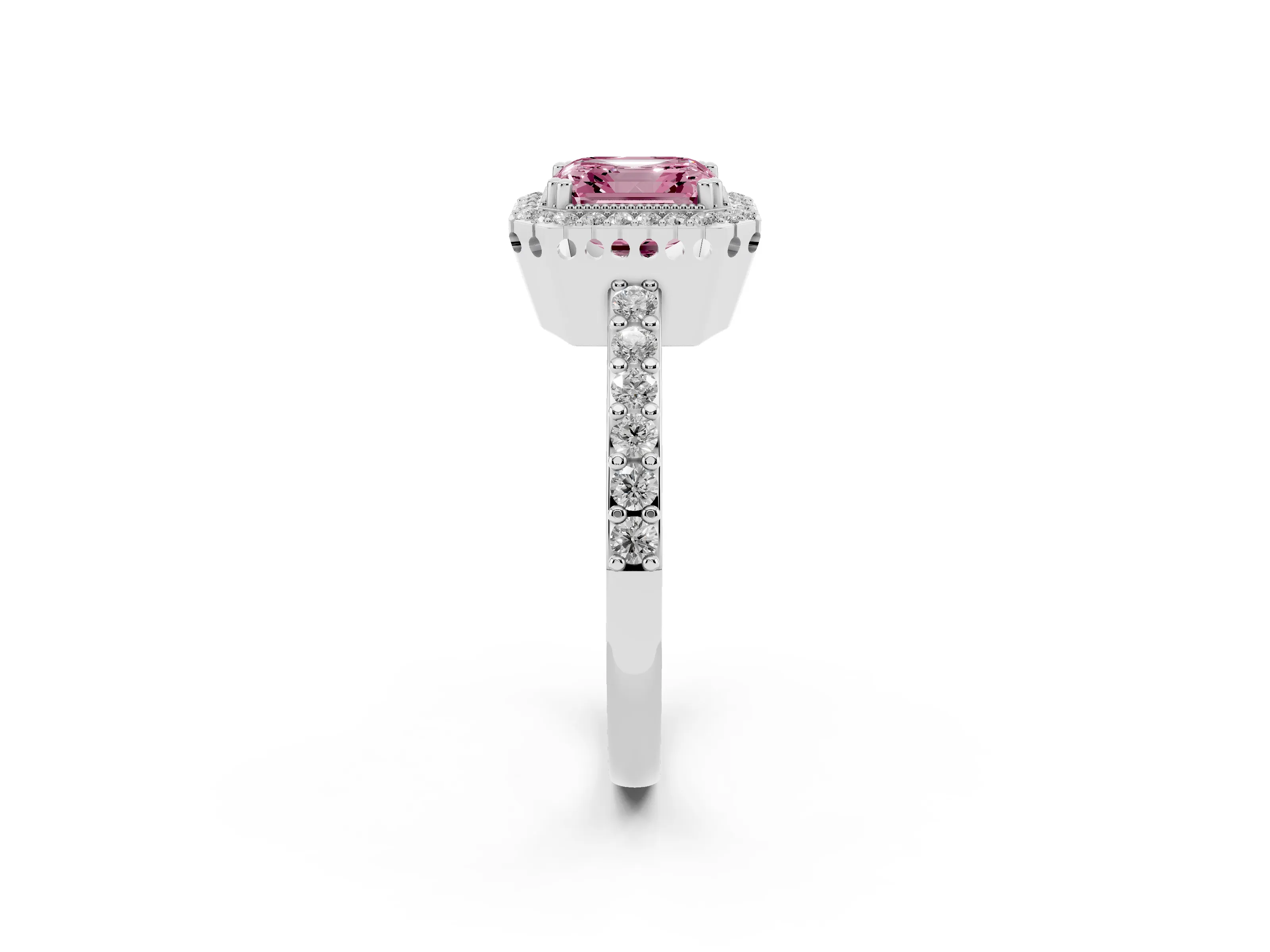 Fancy Pink Asscher Cut Diamond Halo Engagement Ring Set in White gold with Milgrain Detail and Pavé Band