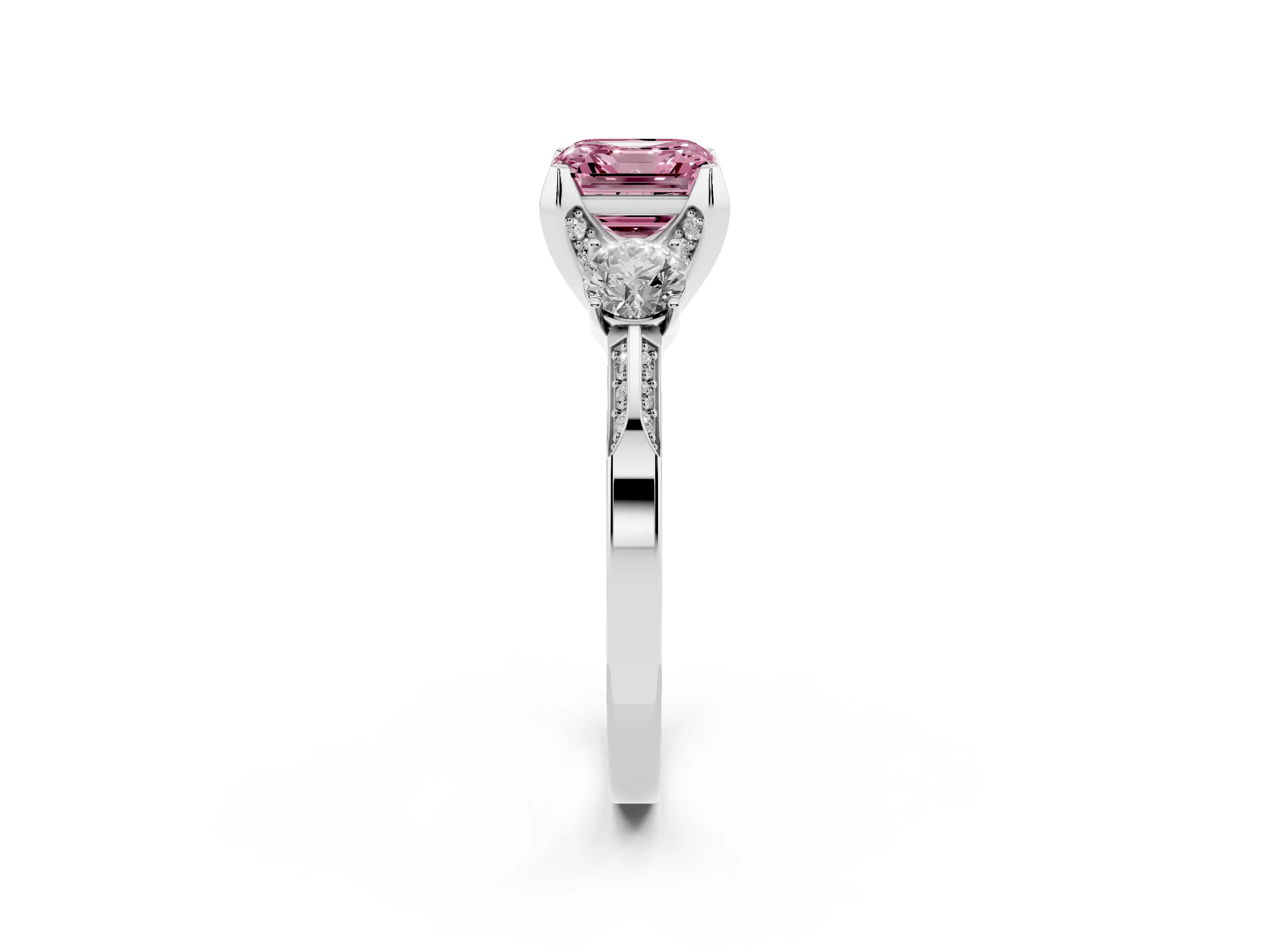 Fancy Pink Asscher Cut Diamond Three-Stone Ring Set in White gold with Pavé Band and Smaller Side Stones