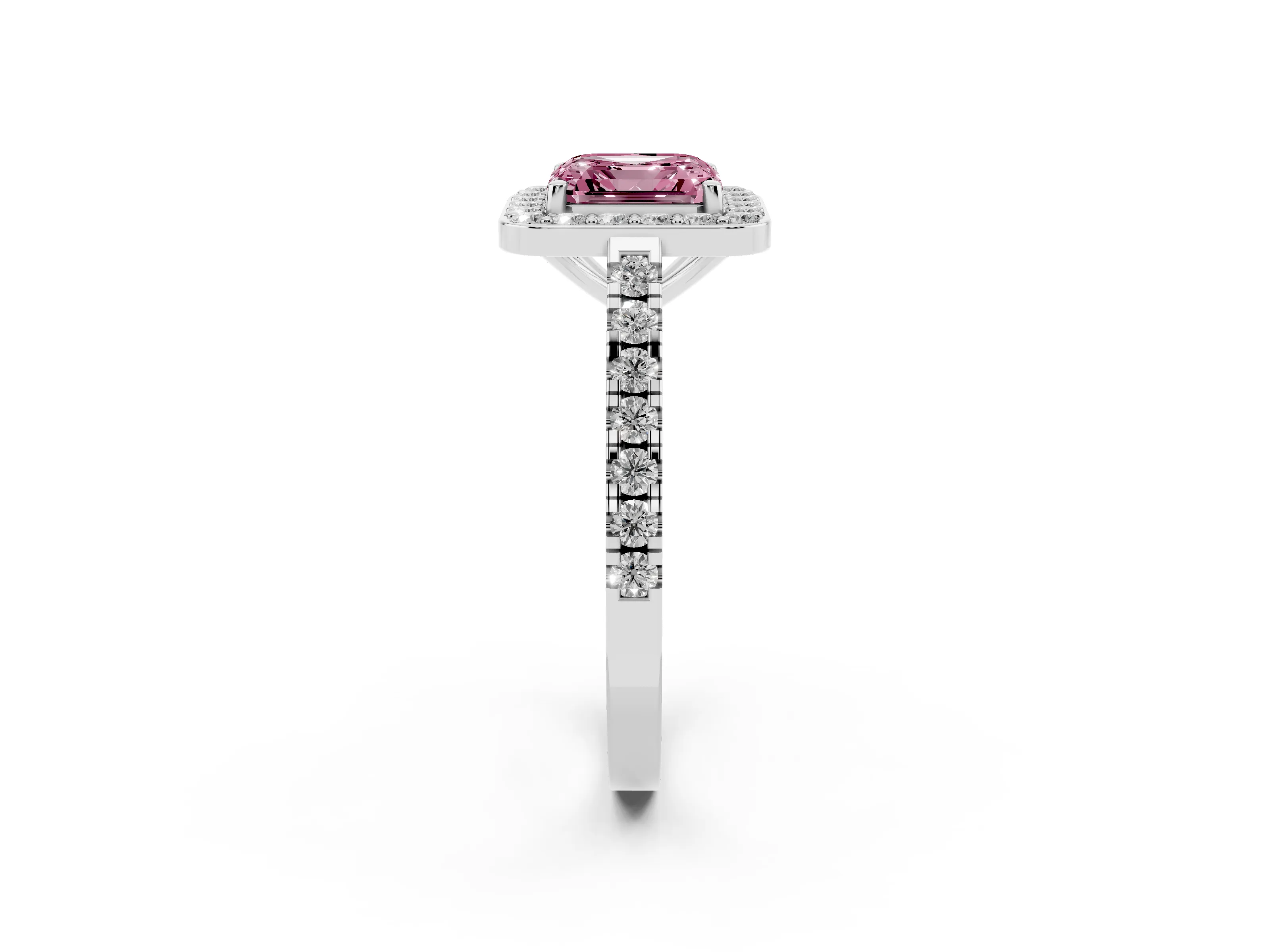 Fancy Pink Asscher Cut Diamond Halo Ring Set in Platinum with Round Pavé Split Shank and Prong Setting