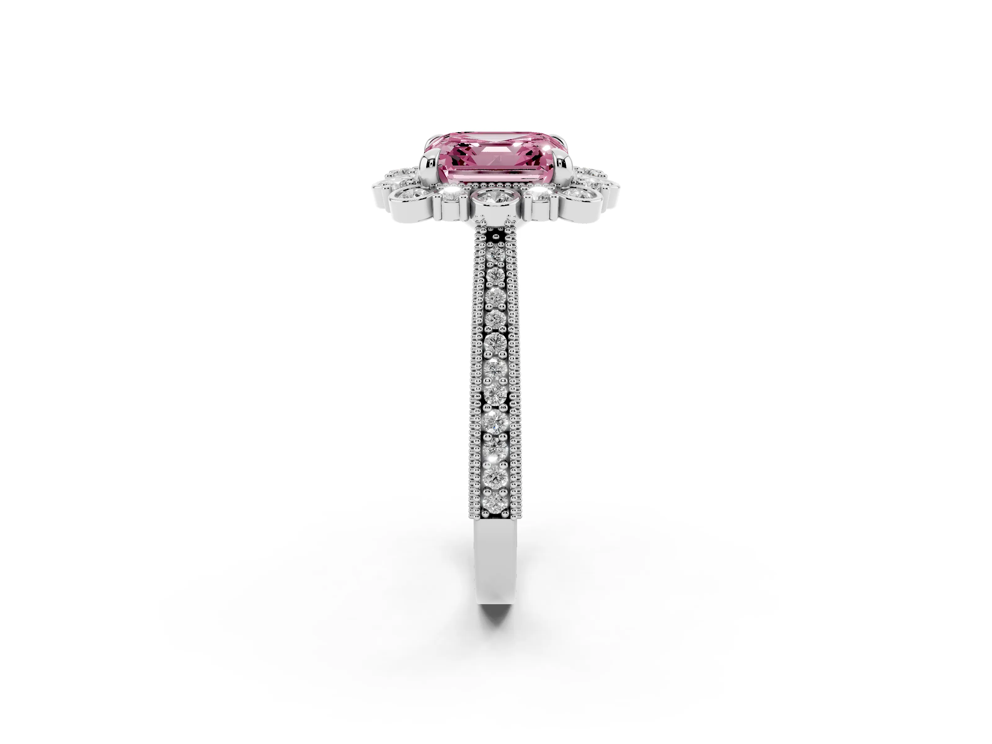 Fancy Pink Asscher Cut Diamond Halo Milgrain Pavé Ring Set in Platinum with Prong Setting