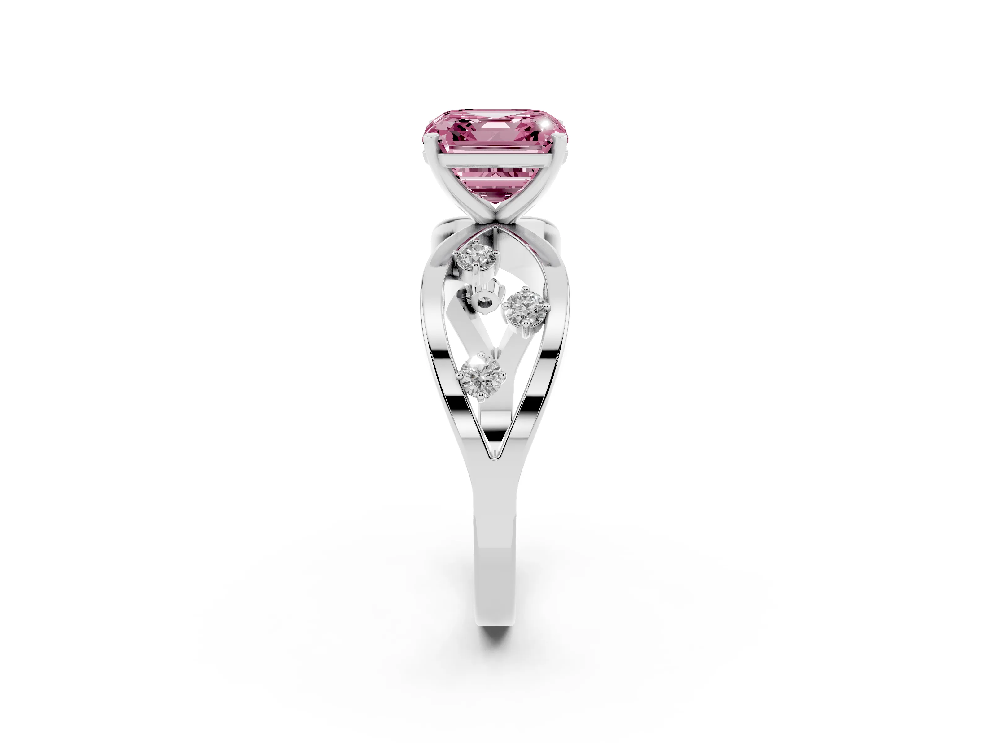 Fancy Pink Asscher Cut Diamond Solitaire Ring Set in Silver with Side Stones on Criss-Cross Band and Prong Setting