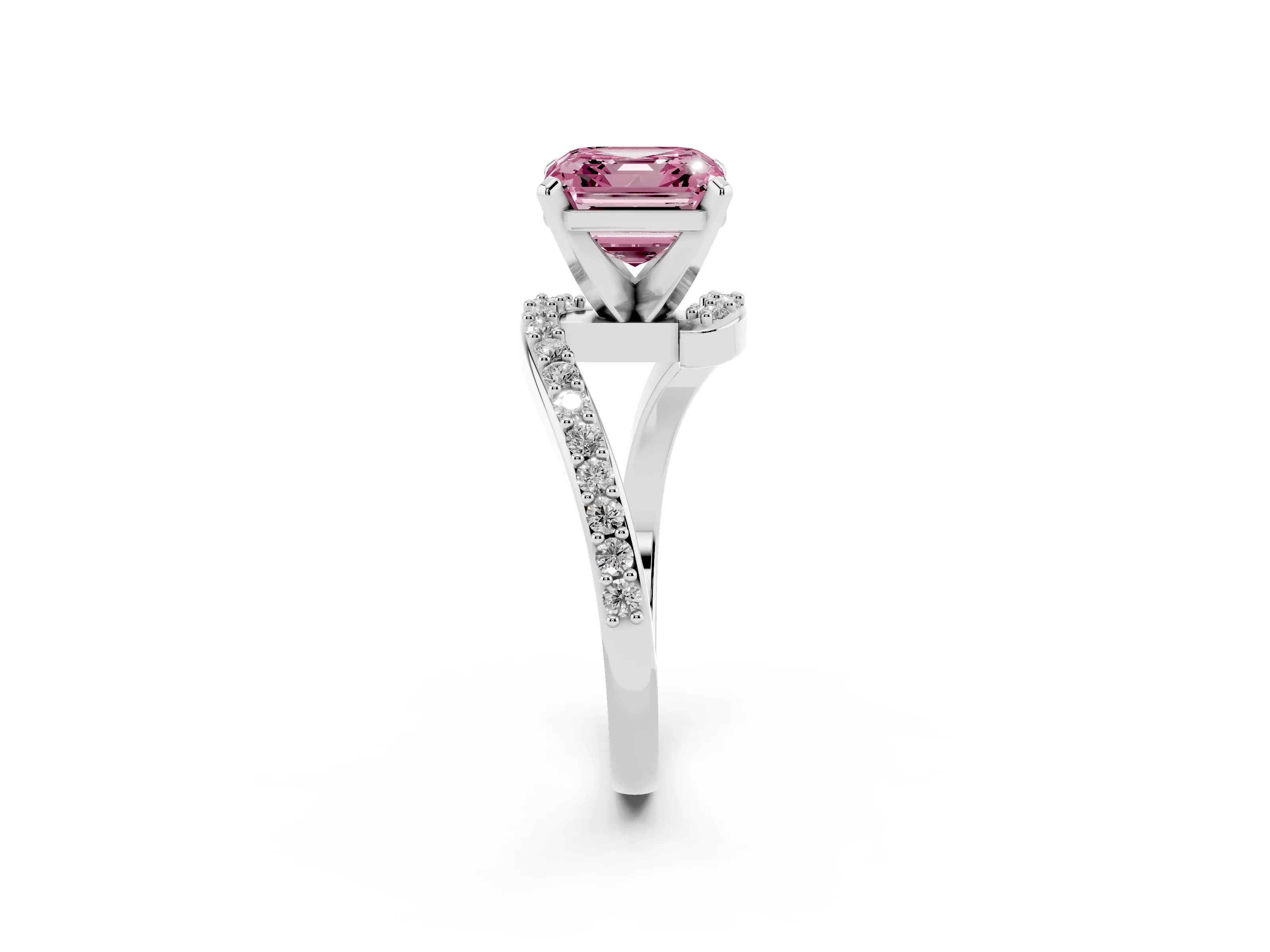 Fancy Pink Asscher Cut Diamond Solitaire Ring Set in Platinum with Pavé Twist Band and Prong Setting
