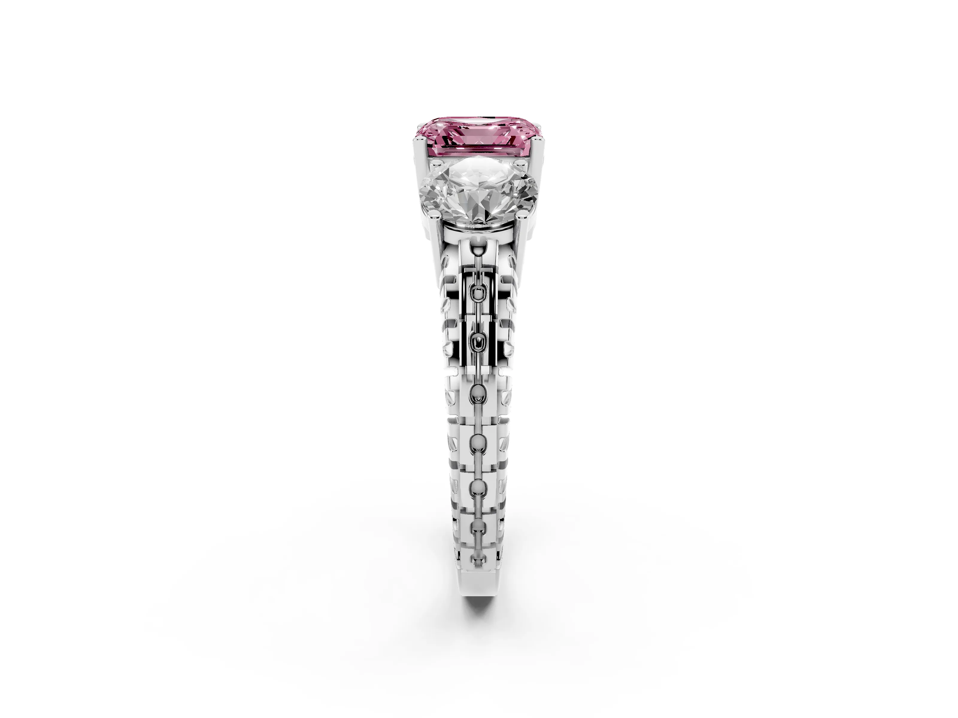 Fancy Pink Asscher Cut Diamond Three-Stone Ring Set in Platinum with Channel-Set Accent Band