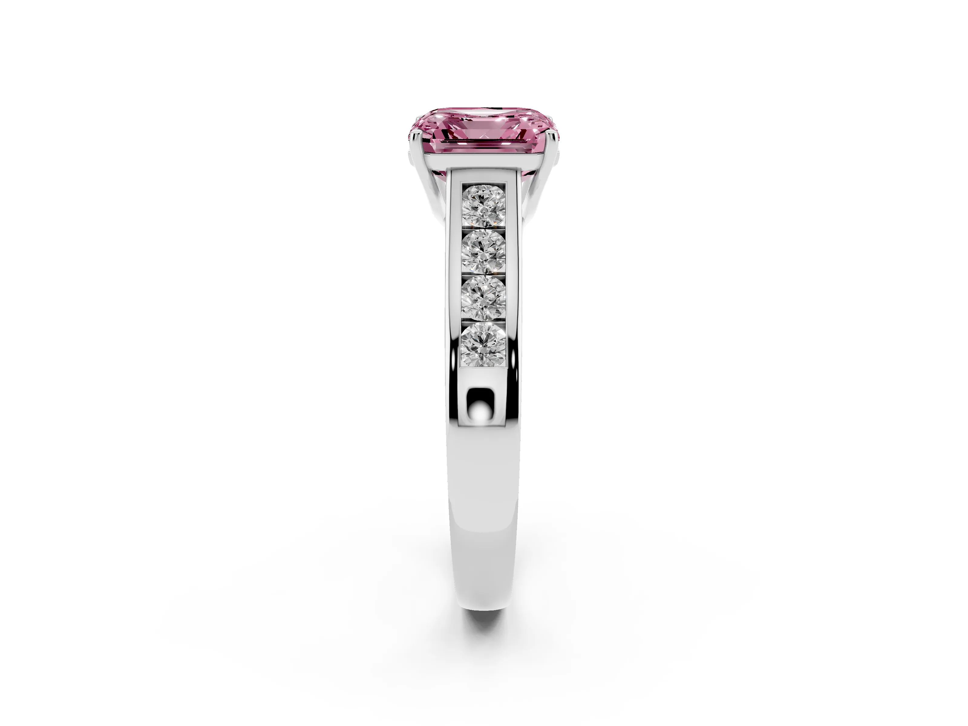 Fancy Pink Asscher Cut Diamond Brilliant Channel-Set Solitaire Ring Set in White gold with Prong Setting