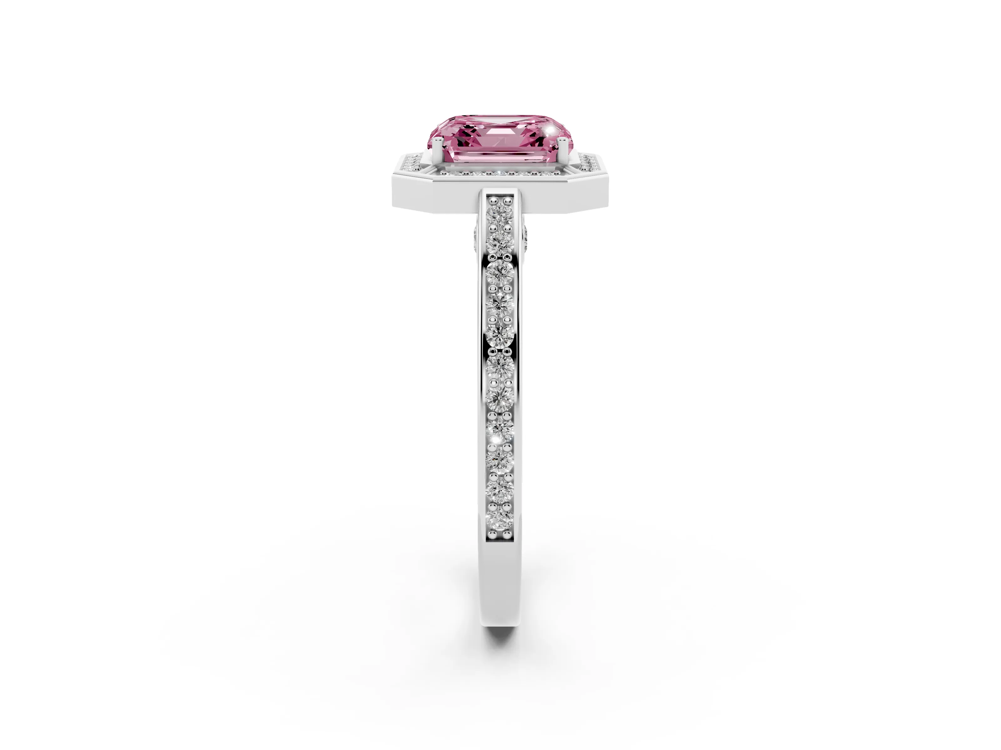 Fancy Pink Asscher Cut Diamond Halo Pavé Split Shank Ring Set in White gold with Prong Setting