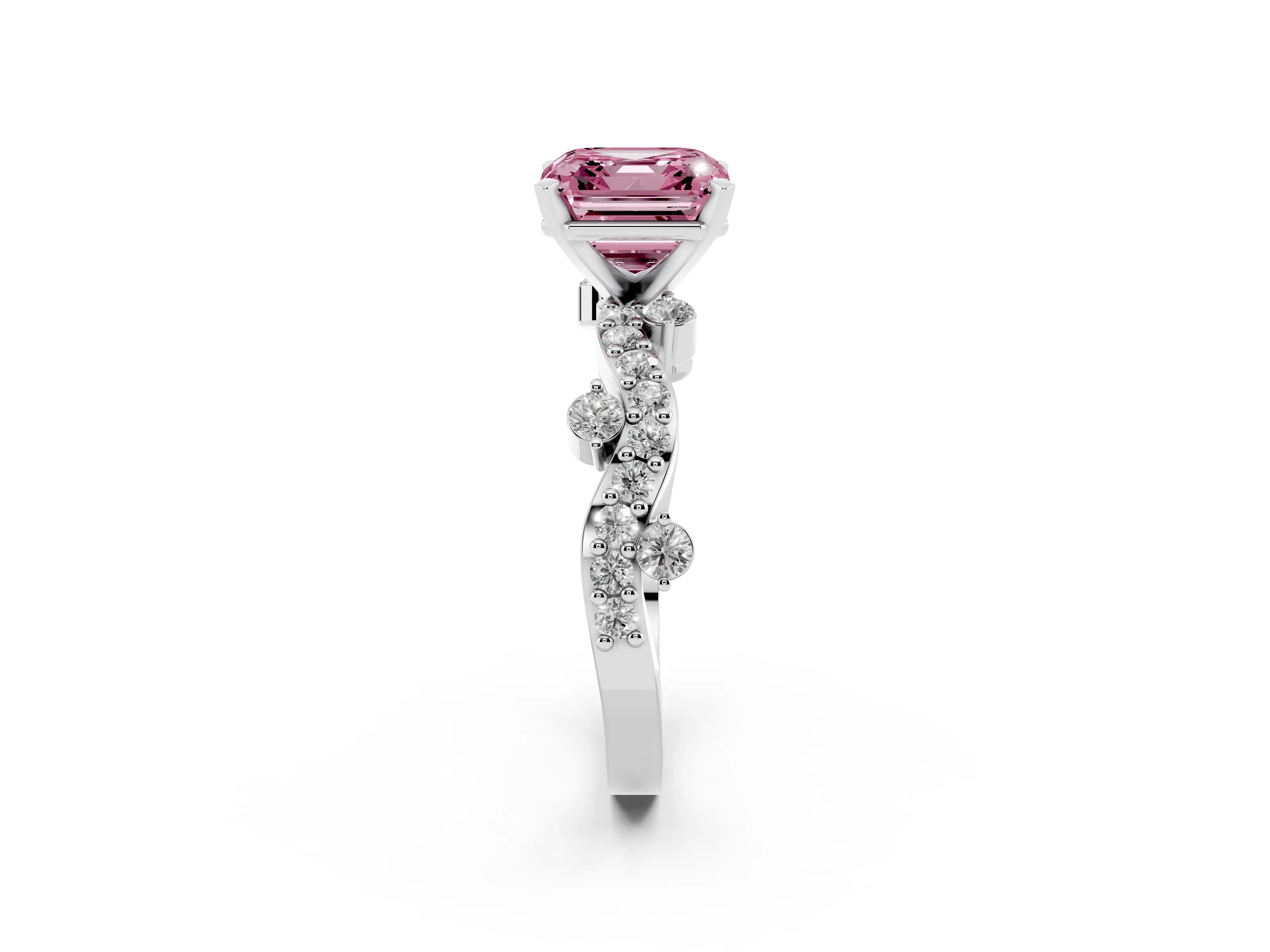 Fancy Pink Asscher Cut Diamond Solitaire Twisted Band Set in Silver with Pavé Setting