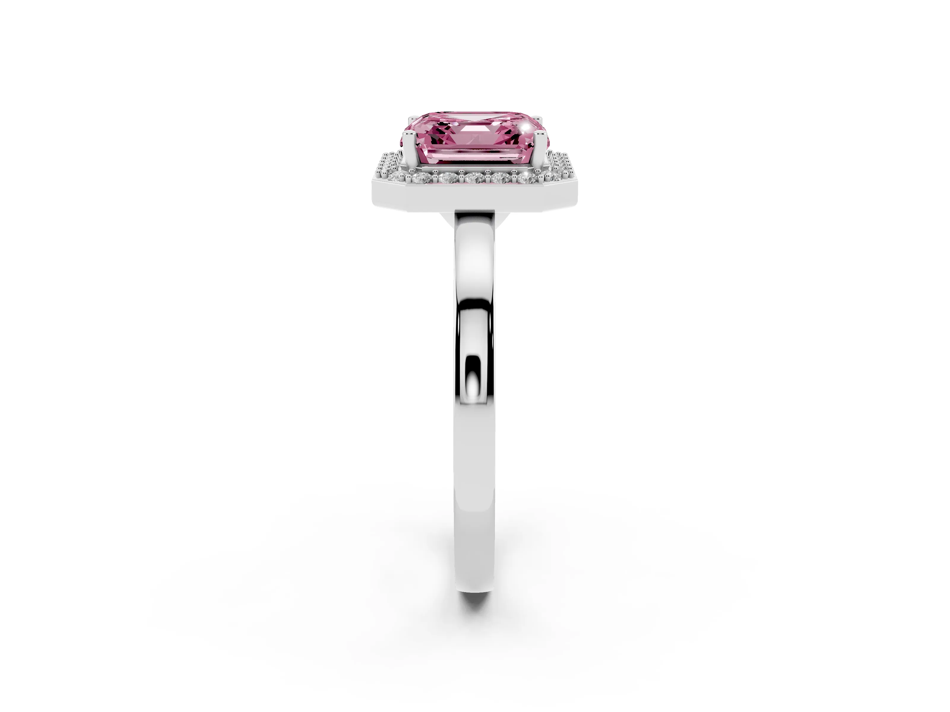 Fancy Pink Asscher Cut Diamond Halo Ring Set in Platinum with Solitaire Band and Prong Setting