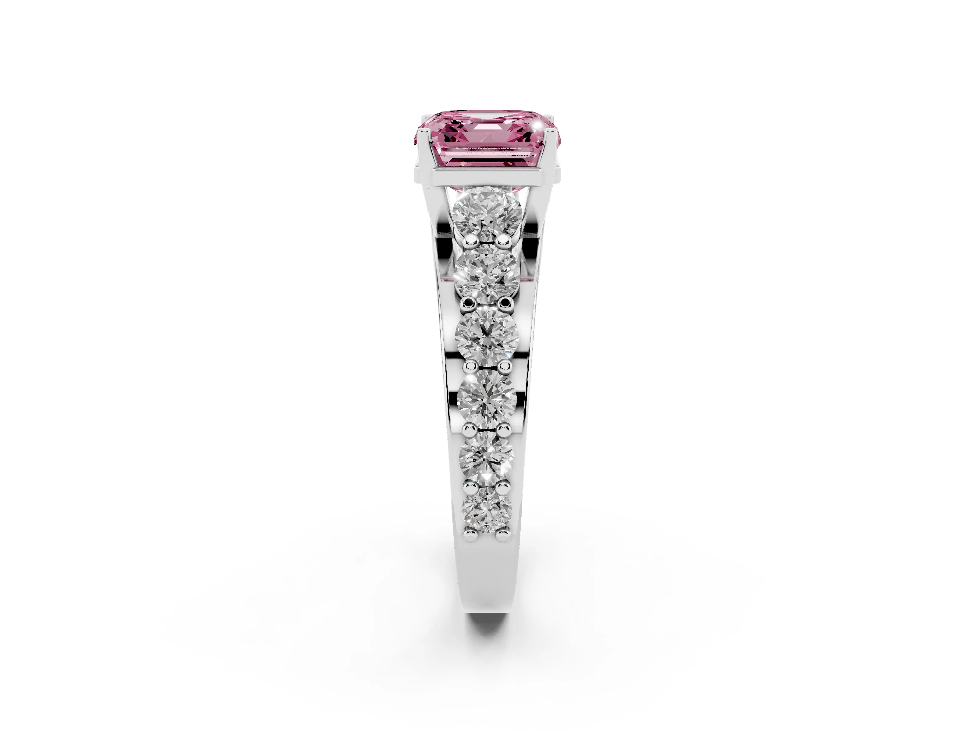 Fancy Pink Asscher Cut Diamond Pavé Engagement Ring Set in Platinum with Prong Setting
