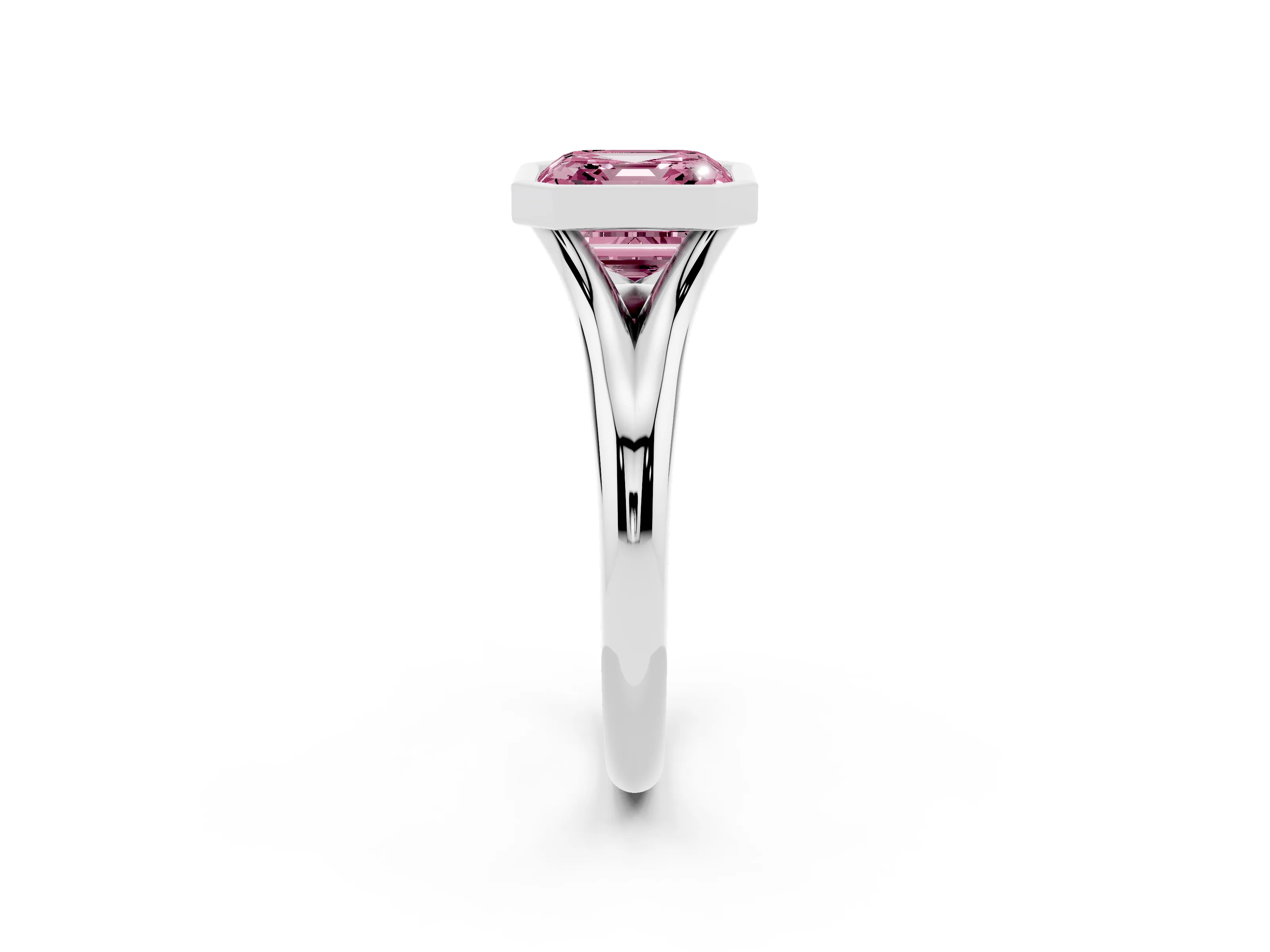 Fancy Pink Bezel Set Asscher Cut Diamond Solitaire Ring Set in Silver with Smooth Band