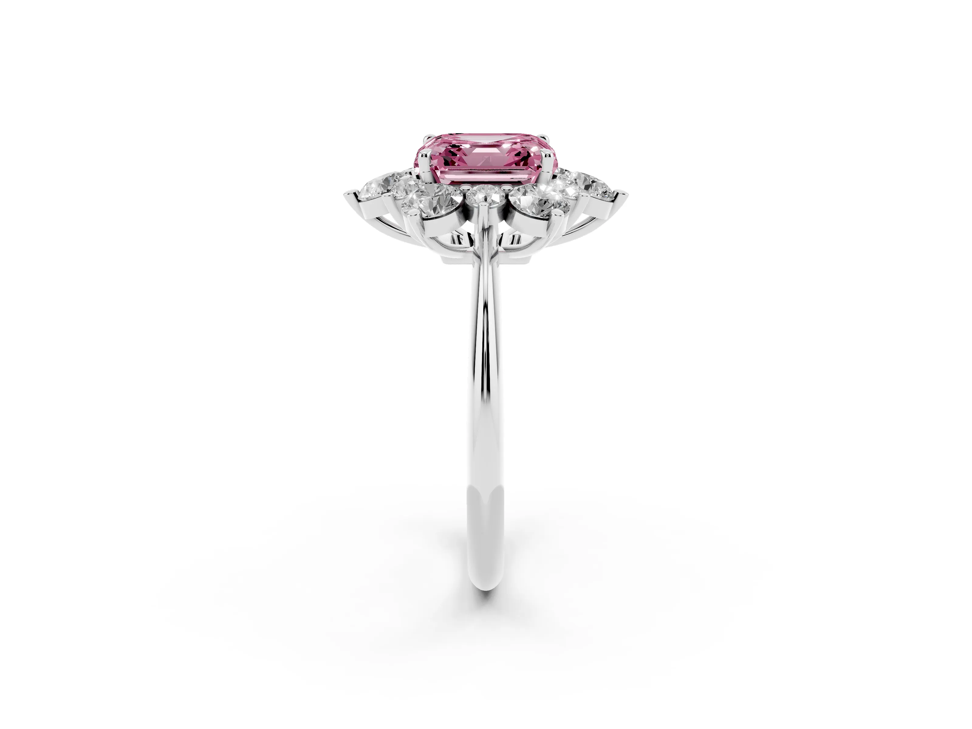 Fancy Pink Asscher Cut Diamond Cluster Halo Ring Set in Platinum with Solitaire Band and Prong Setting
