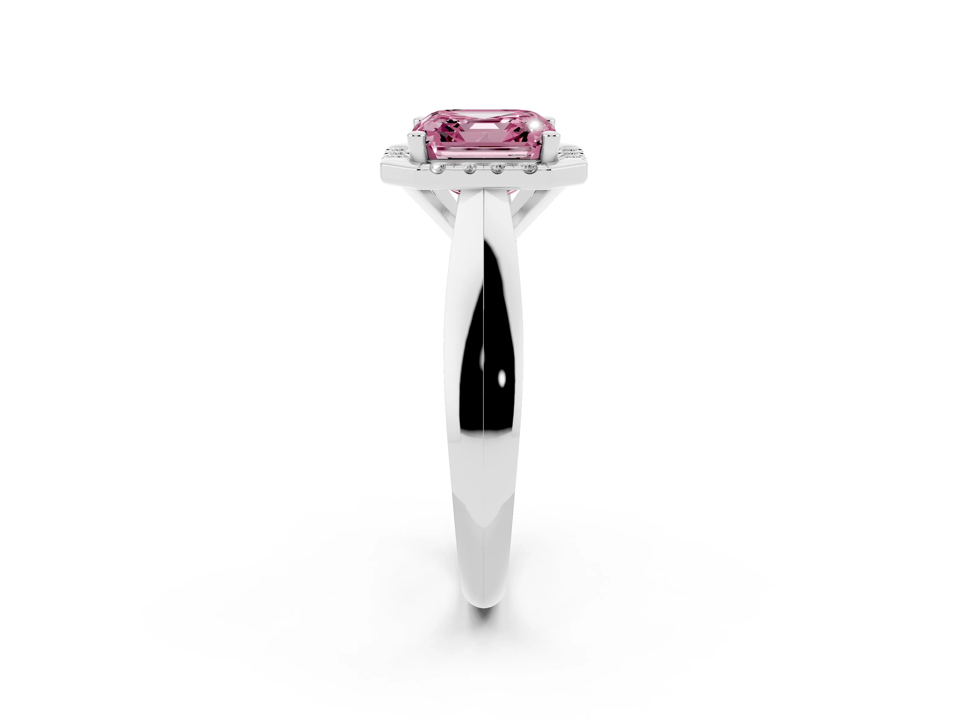 Fancy Pink Asscher Cut Diamond Halo Solitaire Engagement Ring Set in Platinum with Square Band and Prong Setting