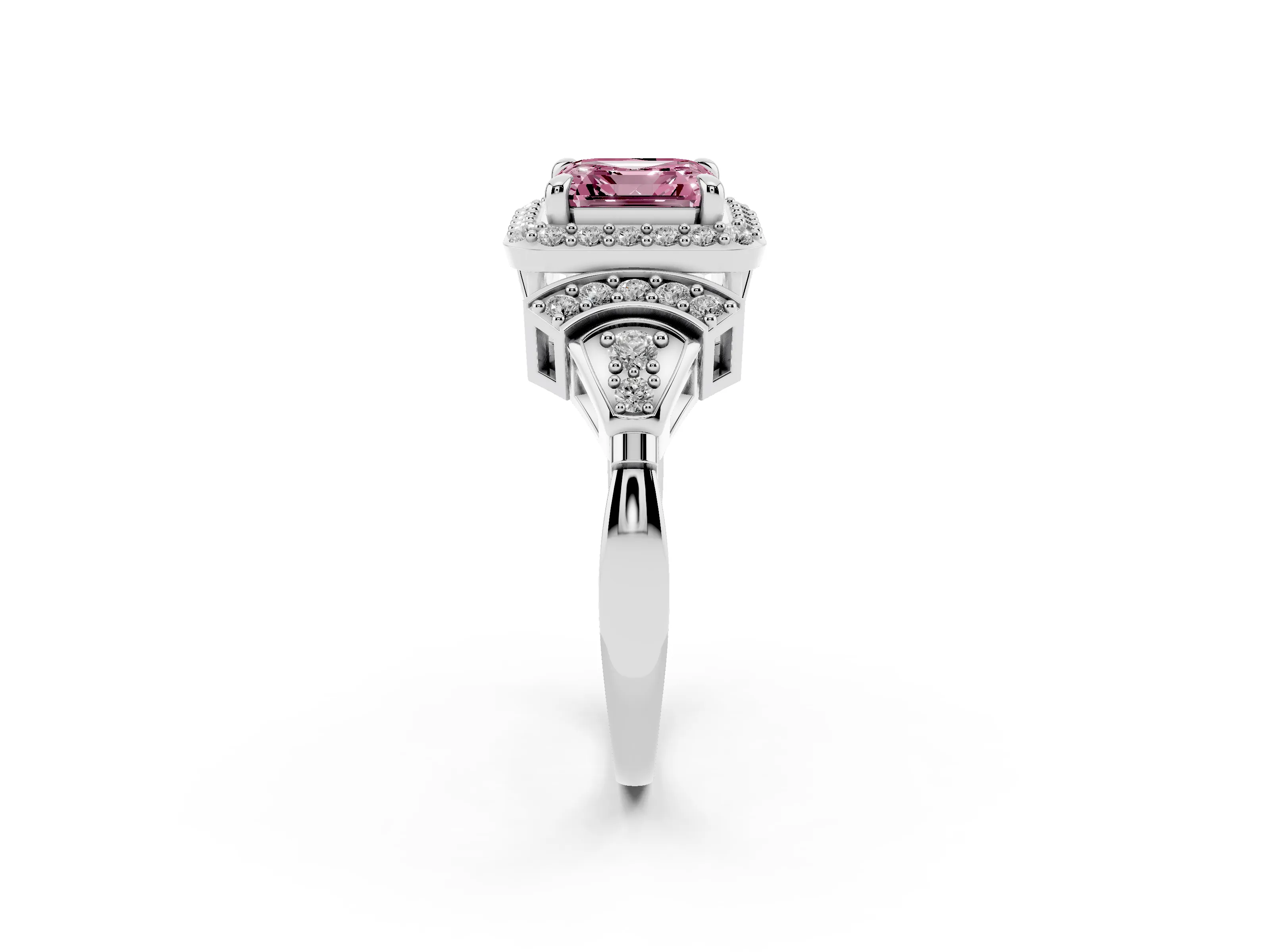 Fancy Pink Asscher Cut Diamond Halo Engagement Ring Set in Platinum with Accent Stone Split Shank