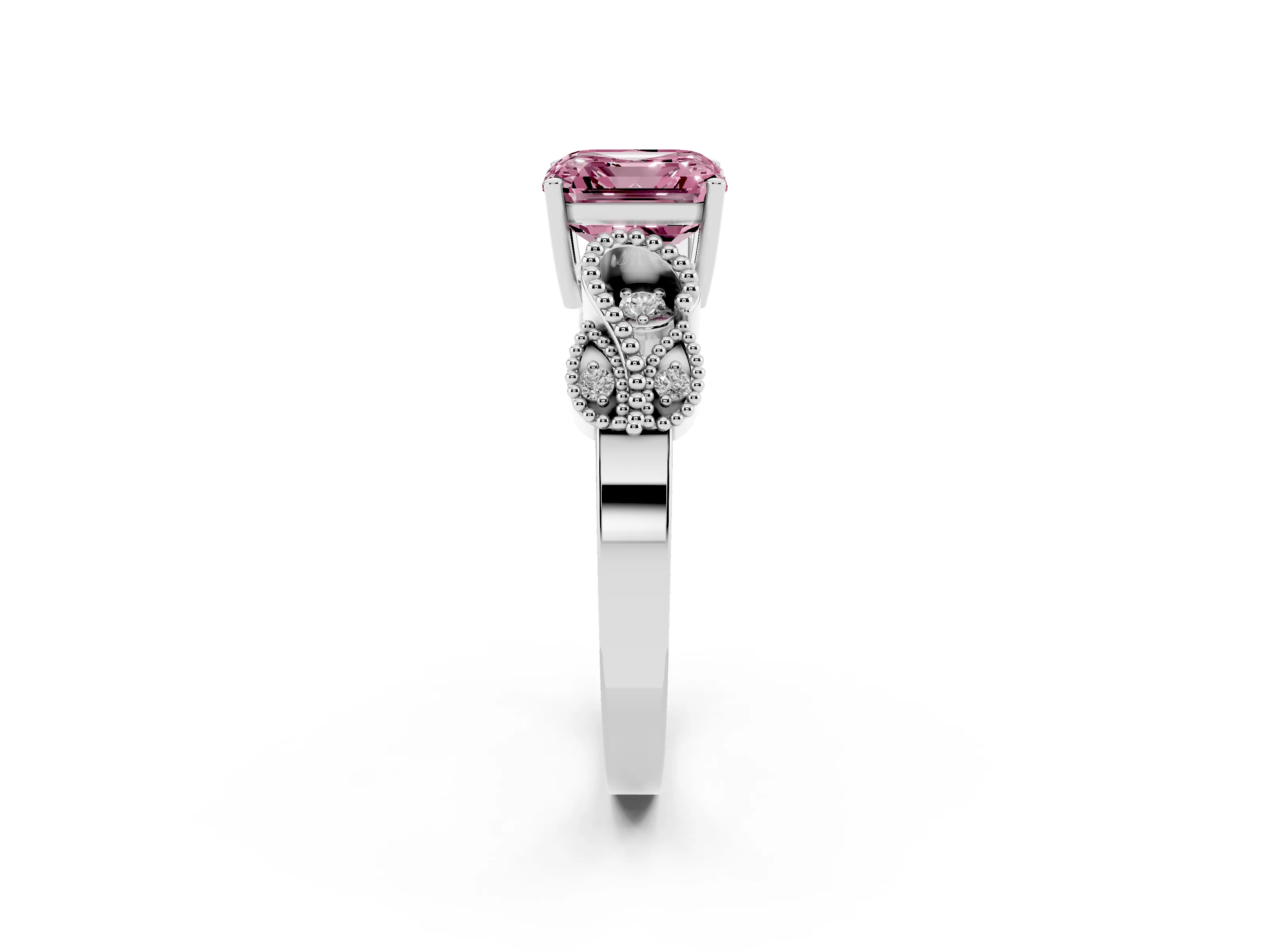 Fancy Pink Asscher Cut Diamond Milgrain Leaf Band Solitaire Ring Set in White gold with Accent Stones and Prong Setting