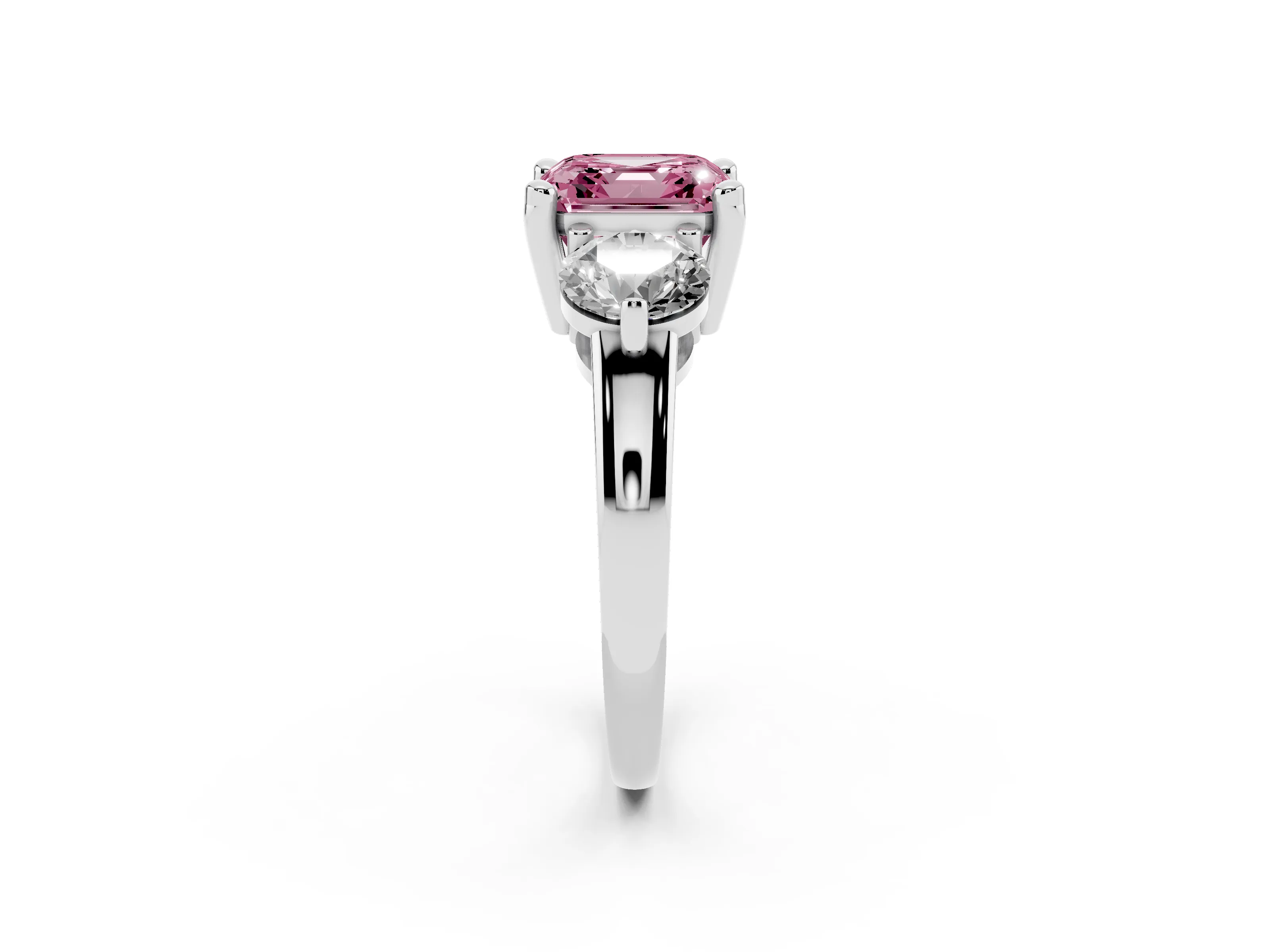 Fancy Pink Asscher Cut Diamond Three-Stone Ring Set in White gold with Prong Setting and Classic Band