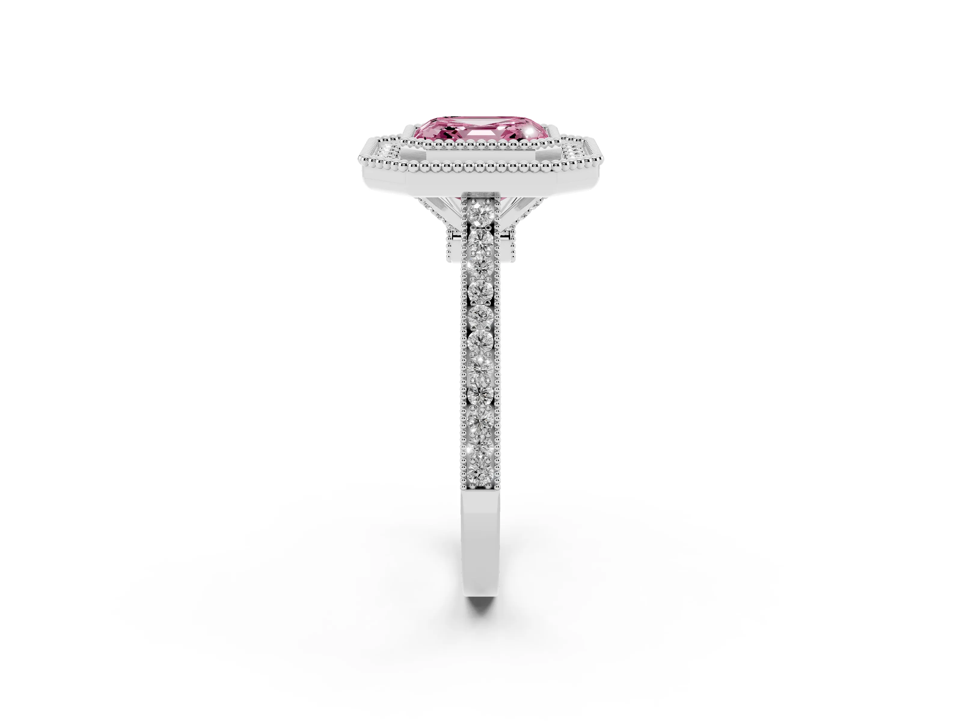 Fancy Pink Asscher Cut Diamond Halo Ring Set in White gold with Milgrain Frame and Pavé Band