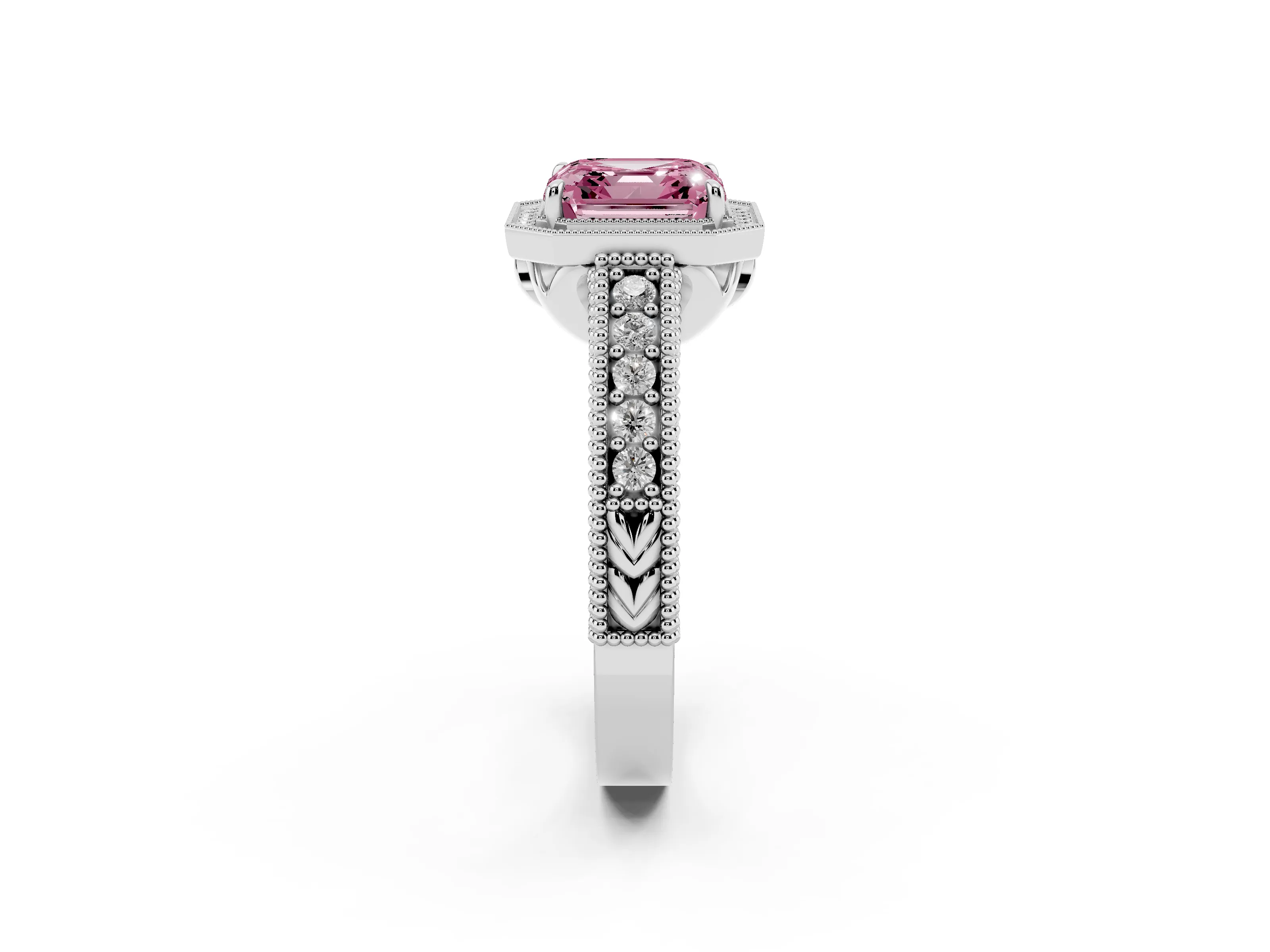 Fancy Pink Asscher Cut Diamond Halo Ring Set in Silver with Round Accent Halo, Pavé Band and Prong Setting