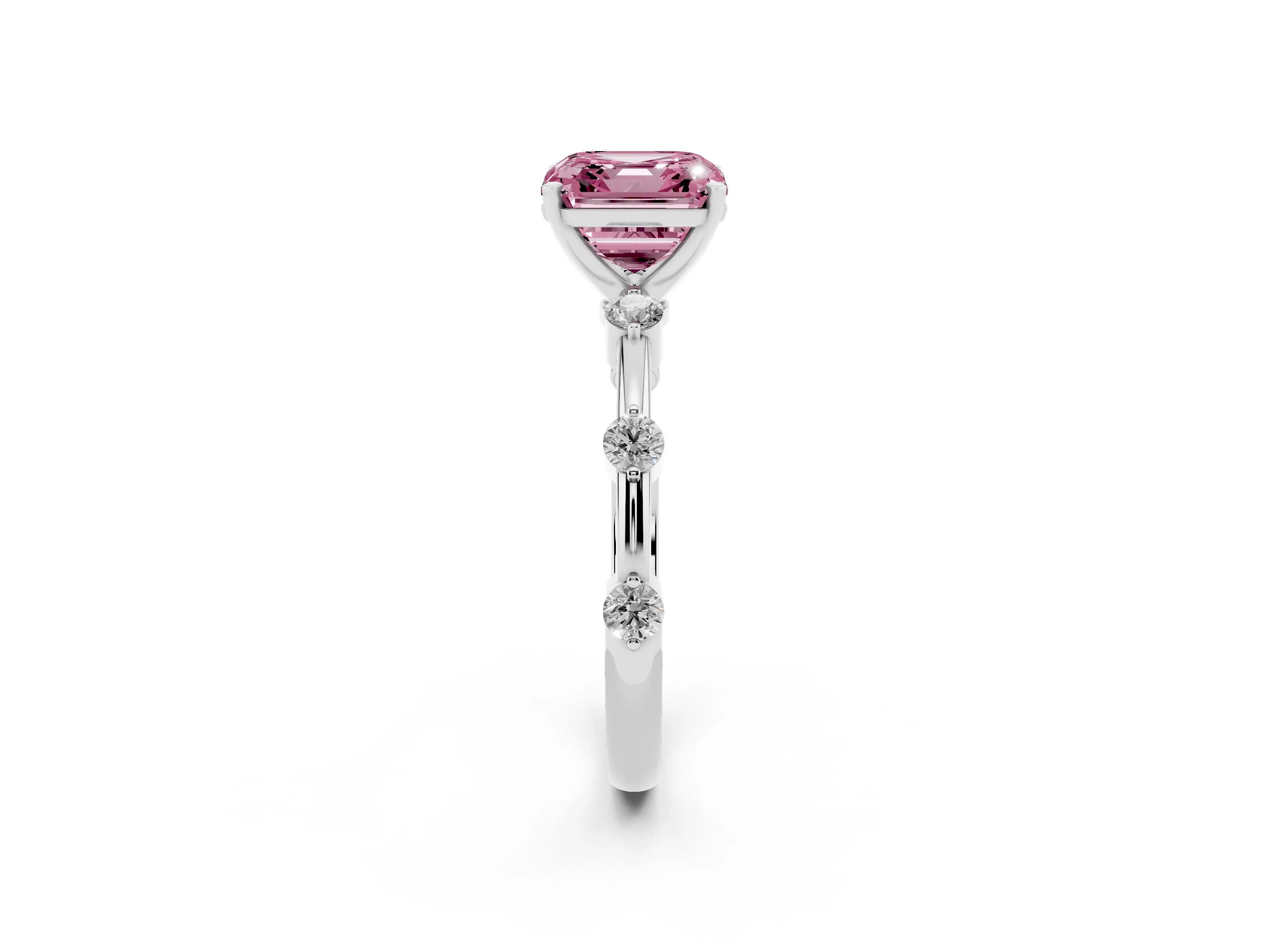 Fancy Pink Asscher Cut Diamond Solitaire Ring Set in Silver with Bezel Set Side Stones and Prong Setting