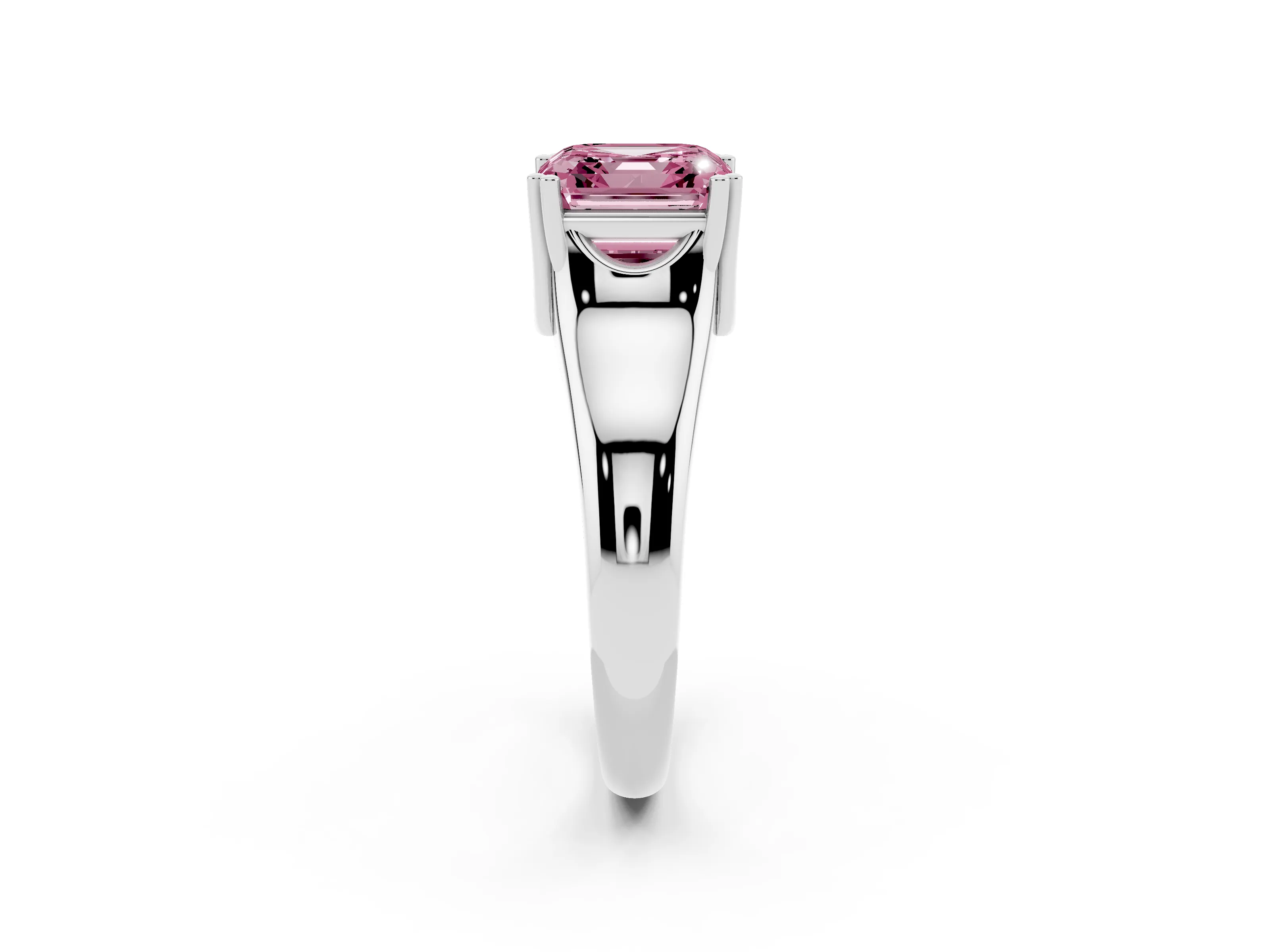 Fancy Pink Asscher Cut Diamond Solitaire Ring Set in Platinum with Wide Band and Prong Setting