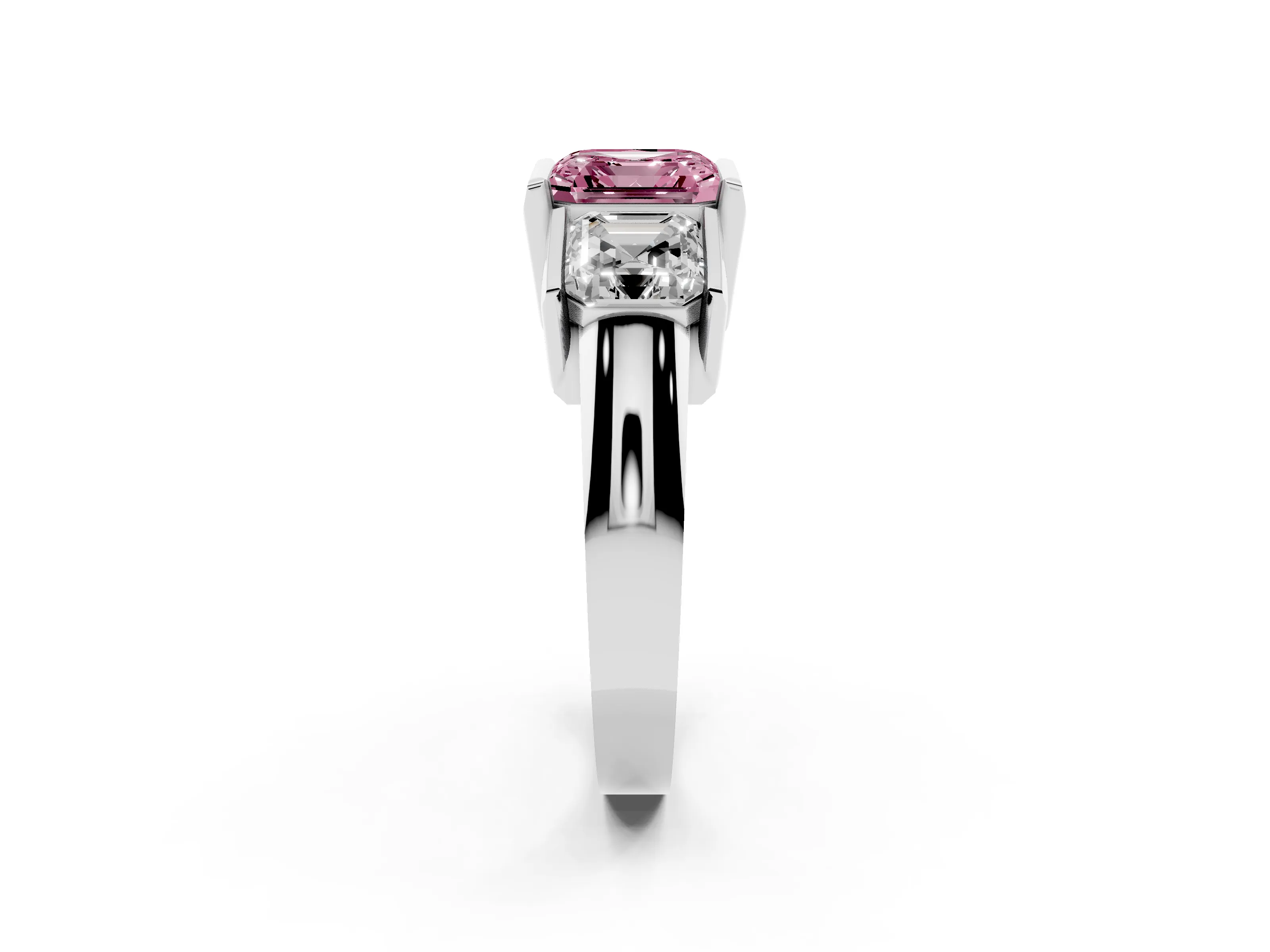 Fancy Pink Asscher Cut Diamond Three-Stone Channel Set Ring Set in White gold with Smooth Polished Band