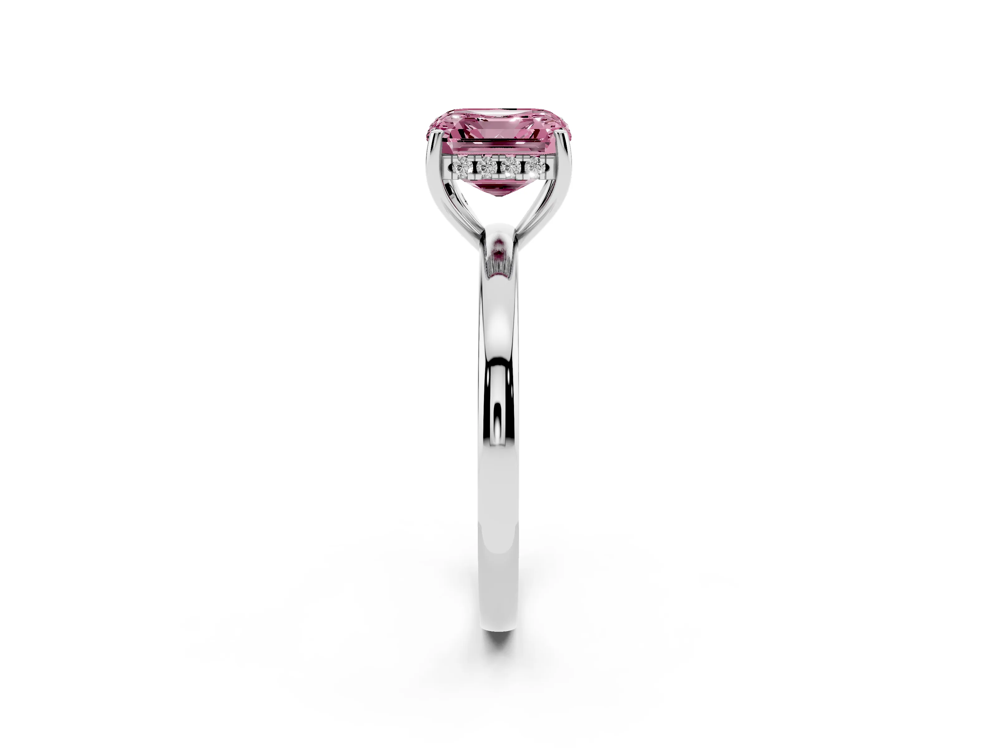 Fancy Pink Asscher Cut Diamond Solitaire Ring Set in Platinum with Plain Band and Prong Setting