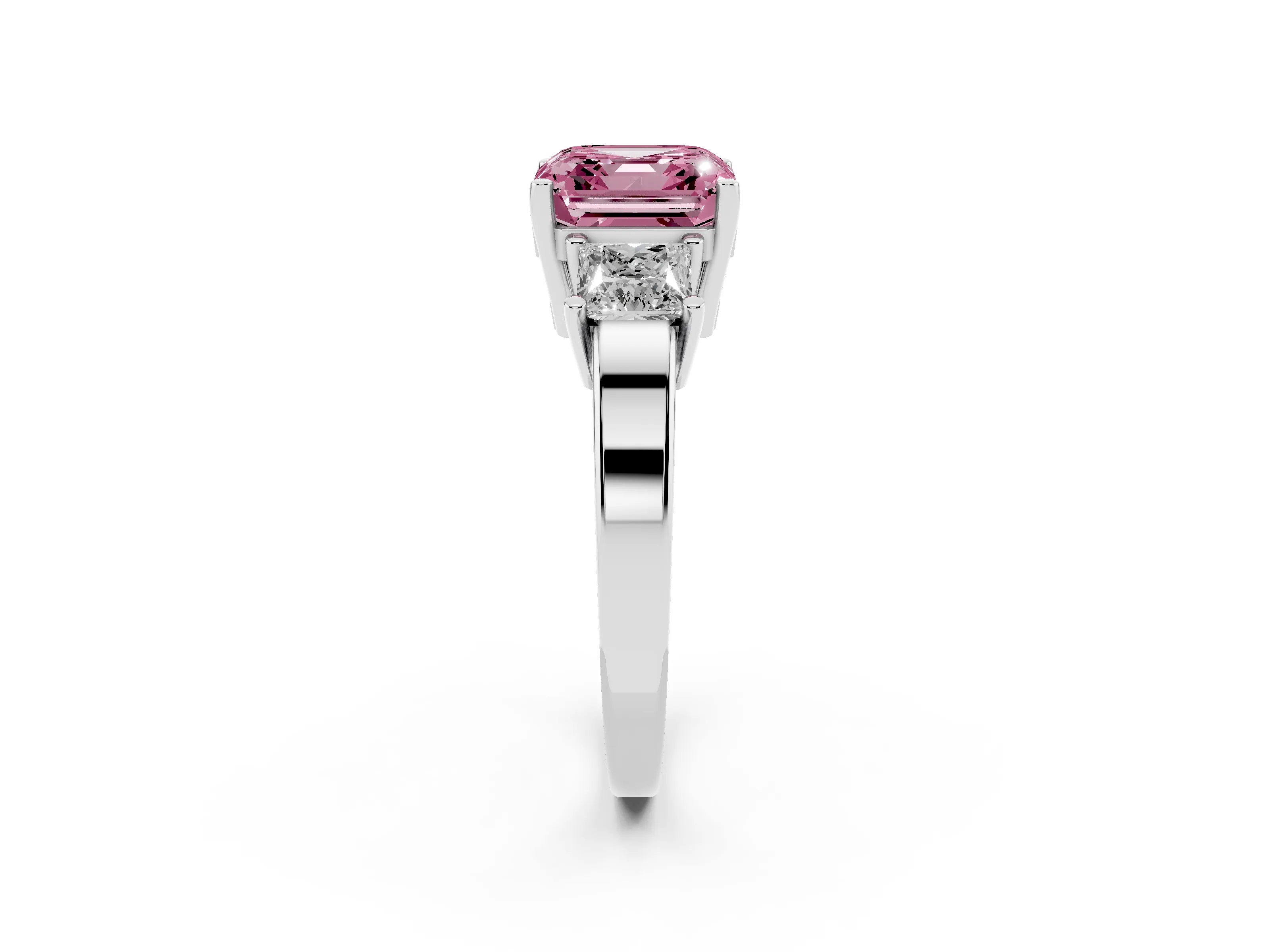 Fancy Pink Three-Stone Asscher Cut Diamond Solitaire Ring Set in Silver with Prong Setting