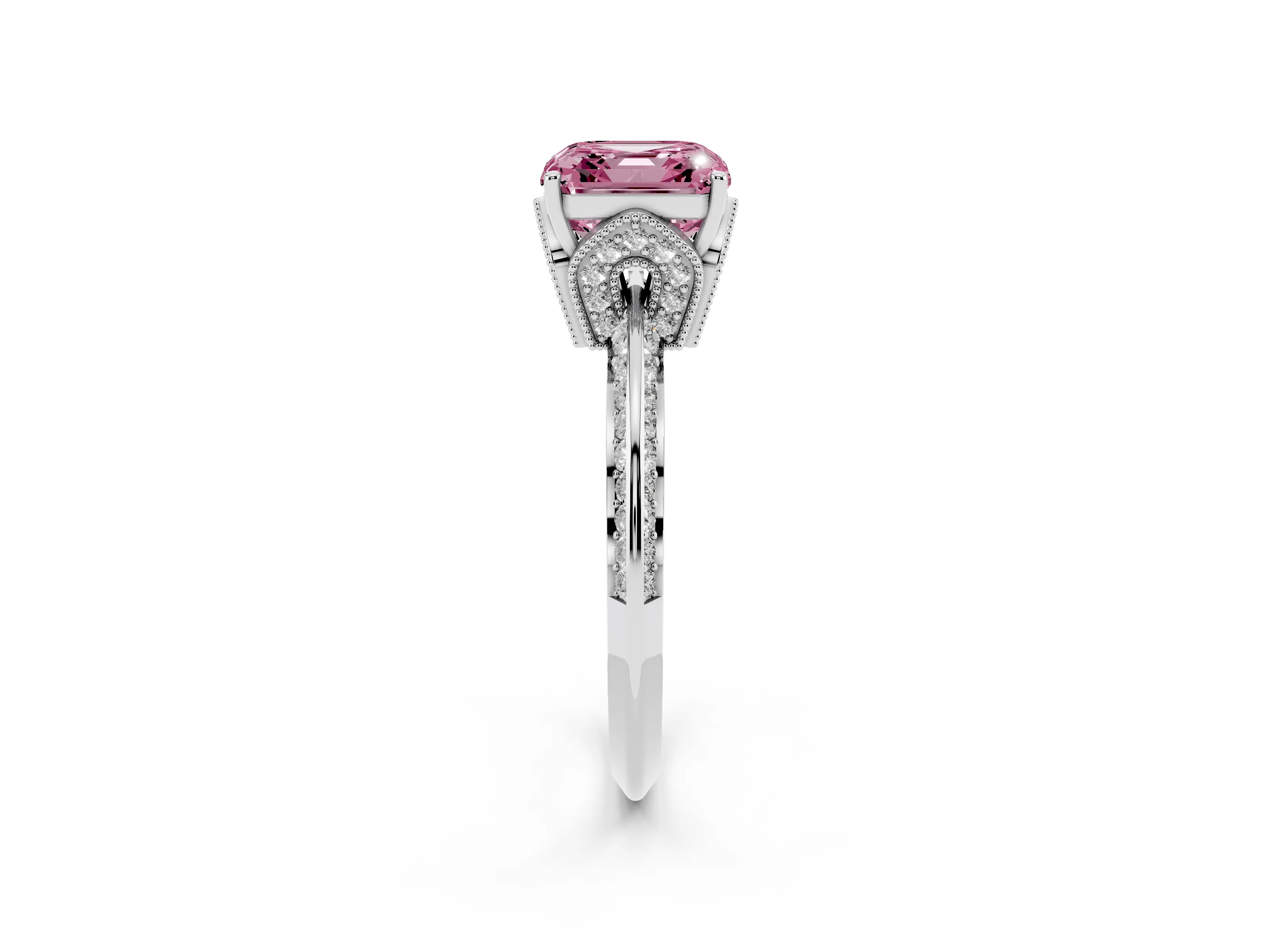 Fancy Pink Asscher Cut Diamond Solitaire Engagement Ring Set in Silver with Pavé Split Shank and Prong Setting