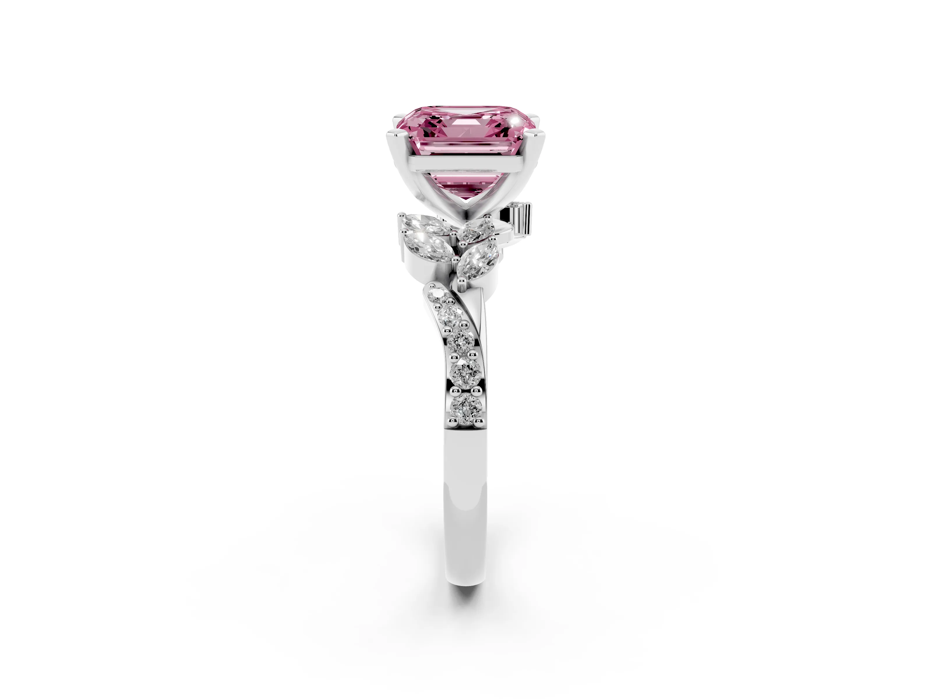 Fancy Pink Asscher Cut Diamond Solitaire Ring Set in Silver with Marquise Twist Band and Prong Setting