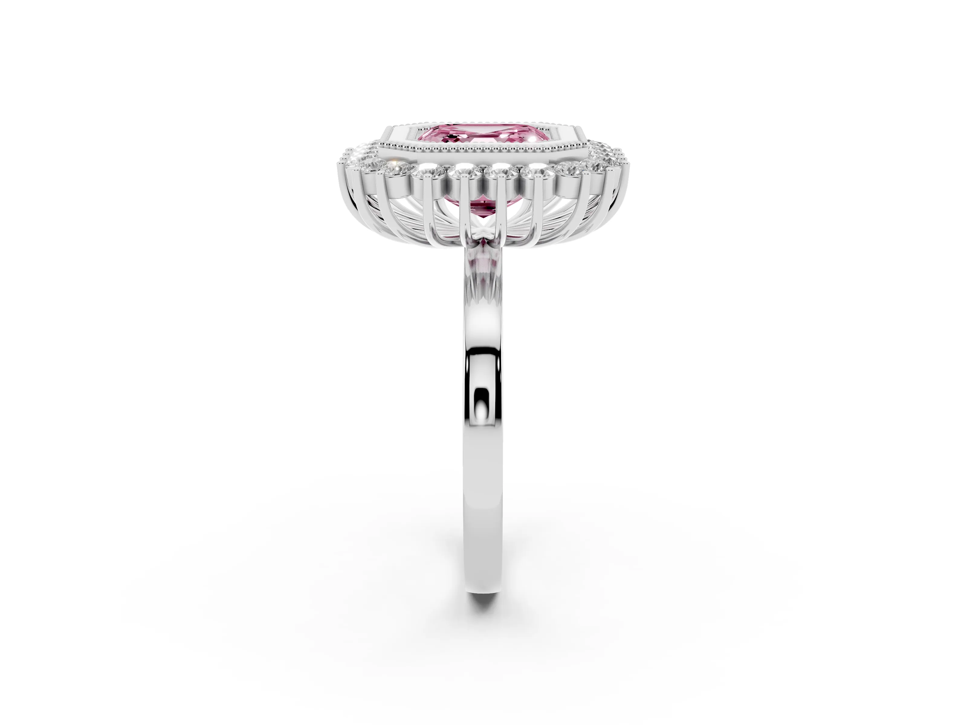 Fancy Pink Asscher Cut Diamond Halo Ring Set in Platinum with Milgrain Edge and Round Prong Setting