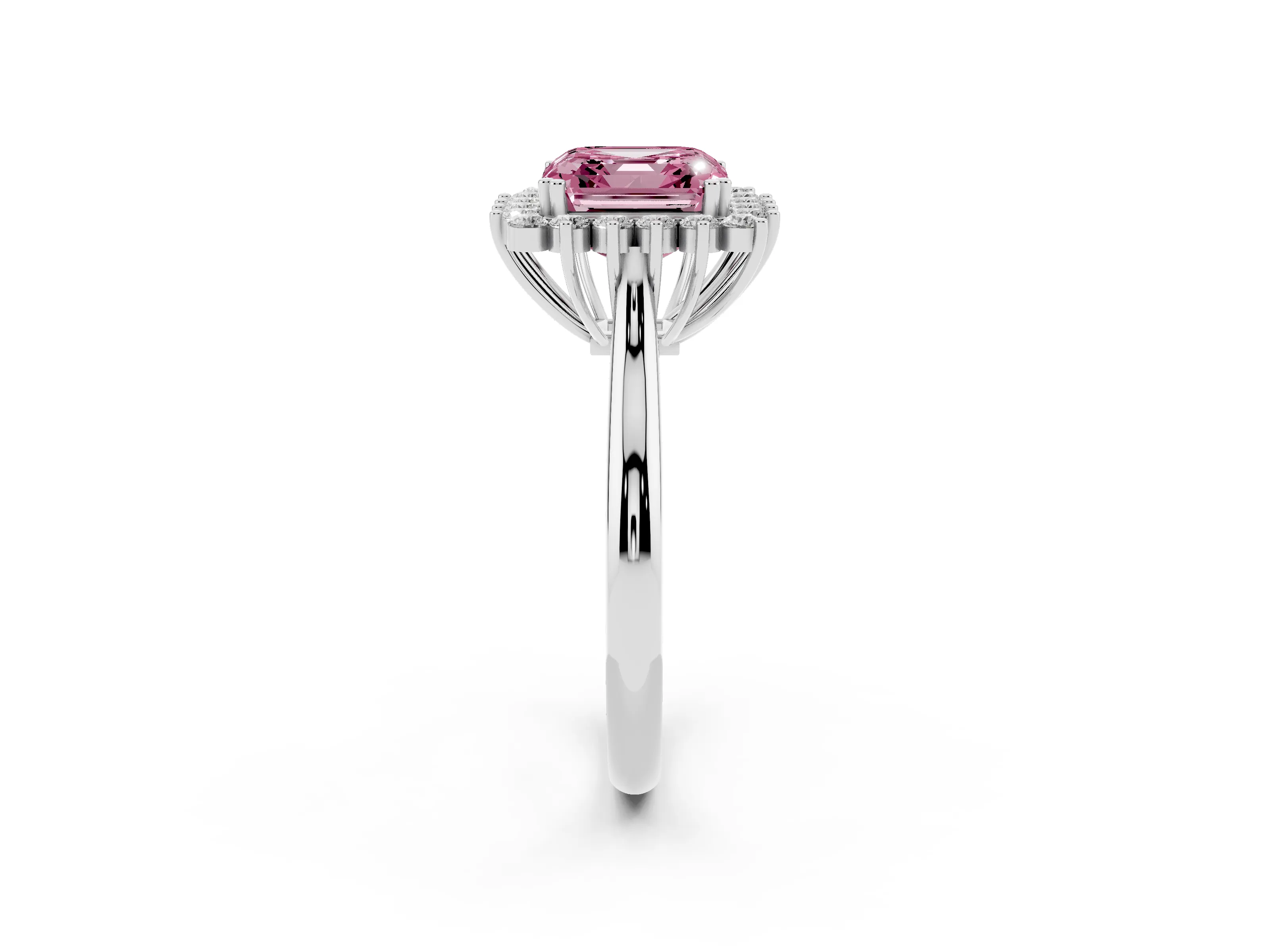 Fancy Pink Asscher Cut Diamond Halo Ring Set in Platinum with Plain Solitaire Band and Prong Setting