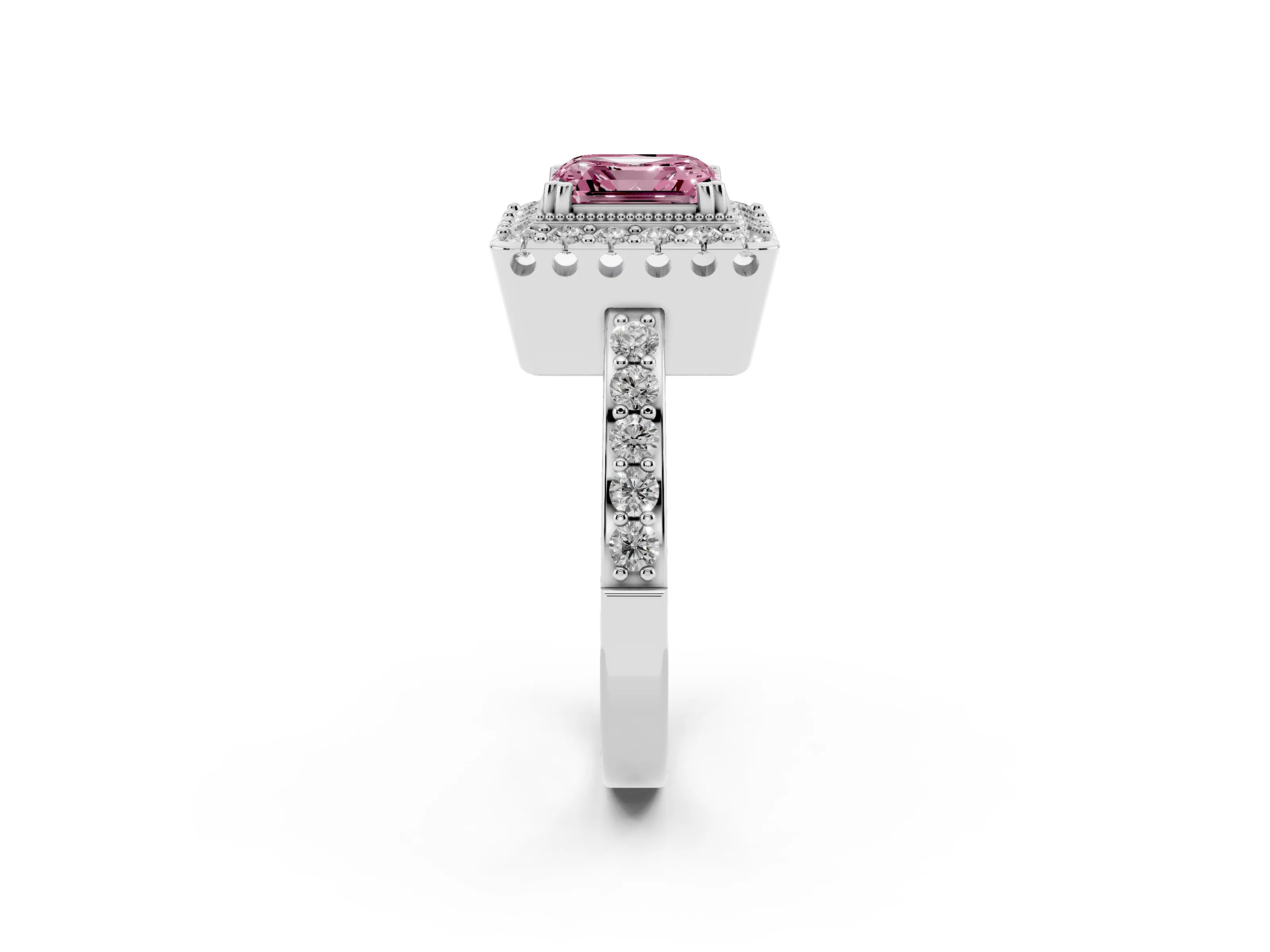 Fancy Pink Asscher Cut Diamond Halo Ring Set in Platinum with Pavé Shank and Prong Setting