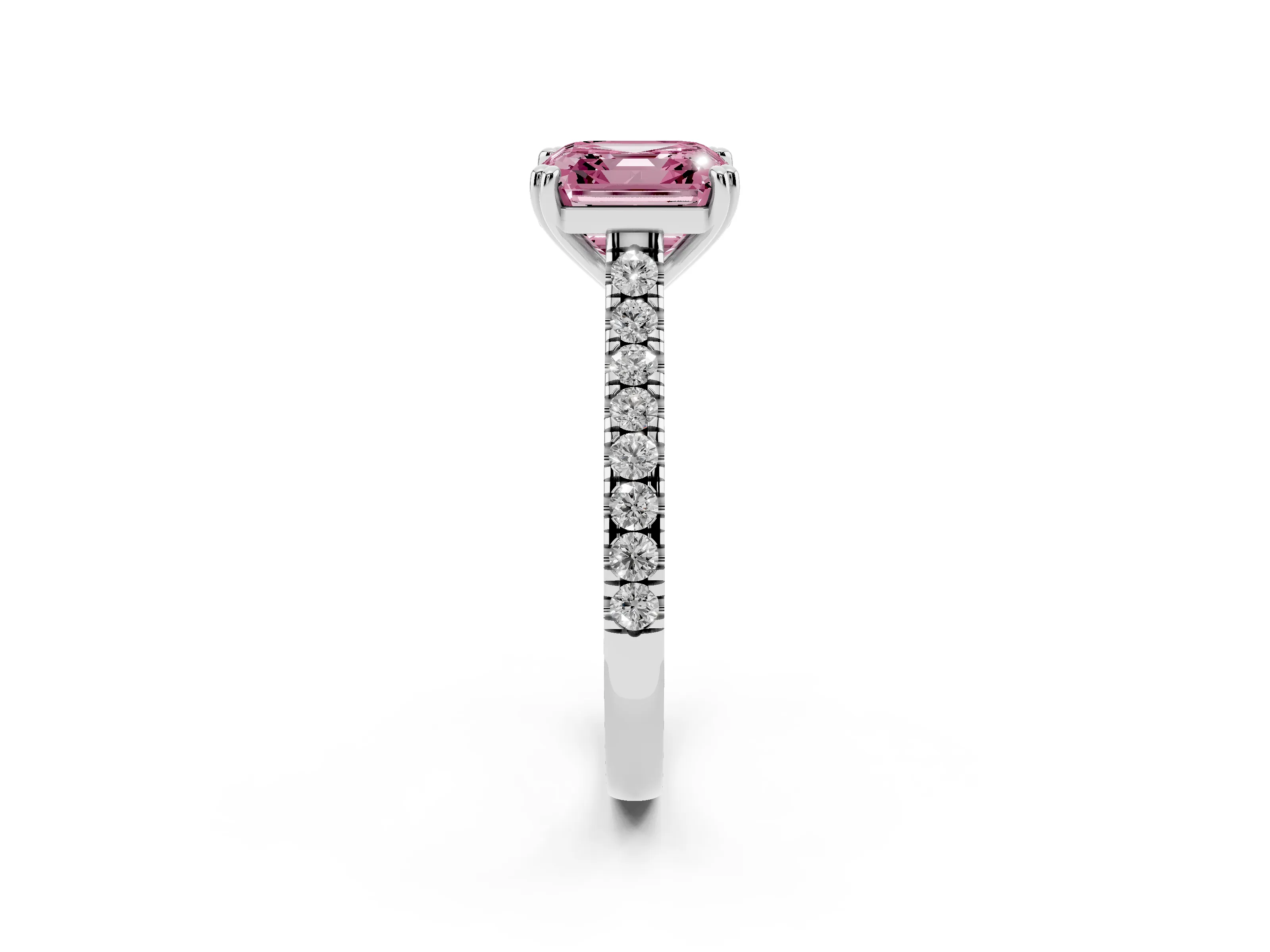 Fancy Pink Asscher Cut Diamond Solitaire Engagement Ring Set in Platinum with Pavé Accents and Prong Setting