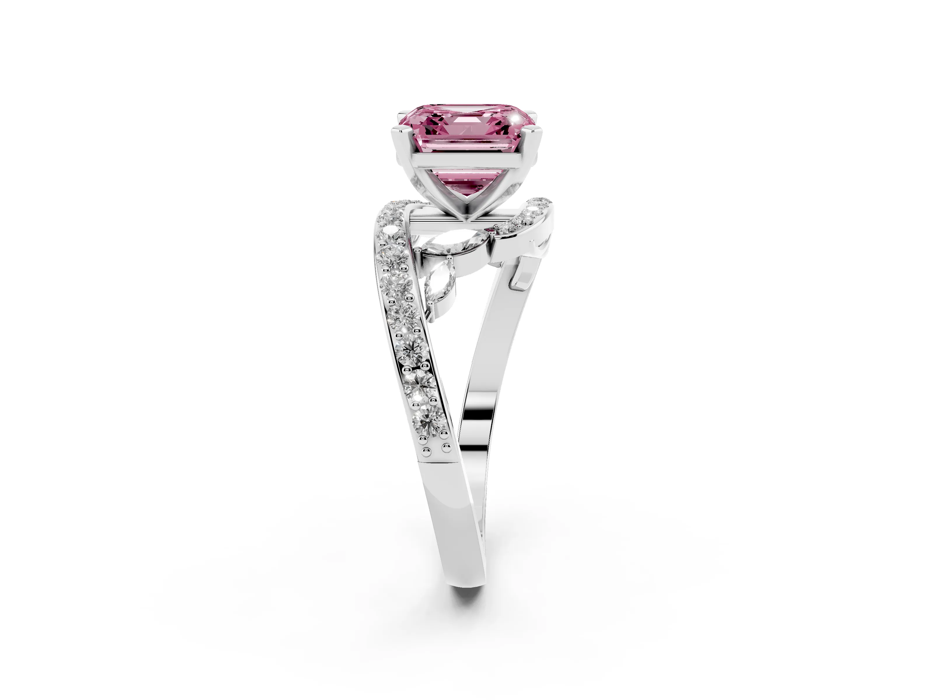 Fancy Pink Asscher Cut Diamond Solitaire Ring Set in Platinum with Pavé Twist Band and Secure Prong Setting