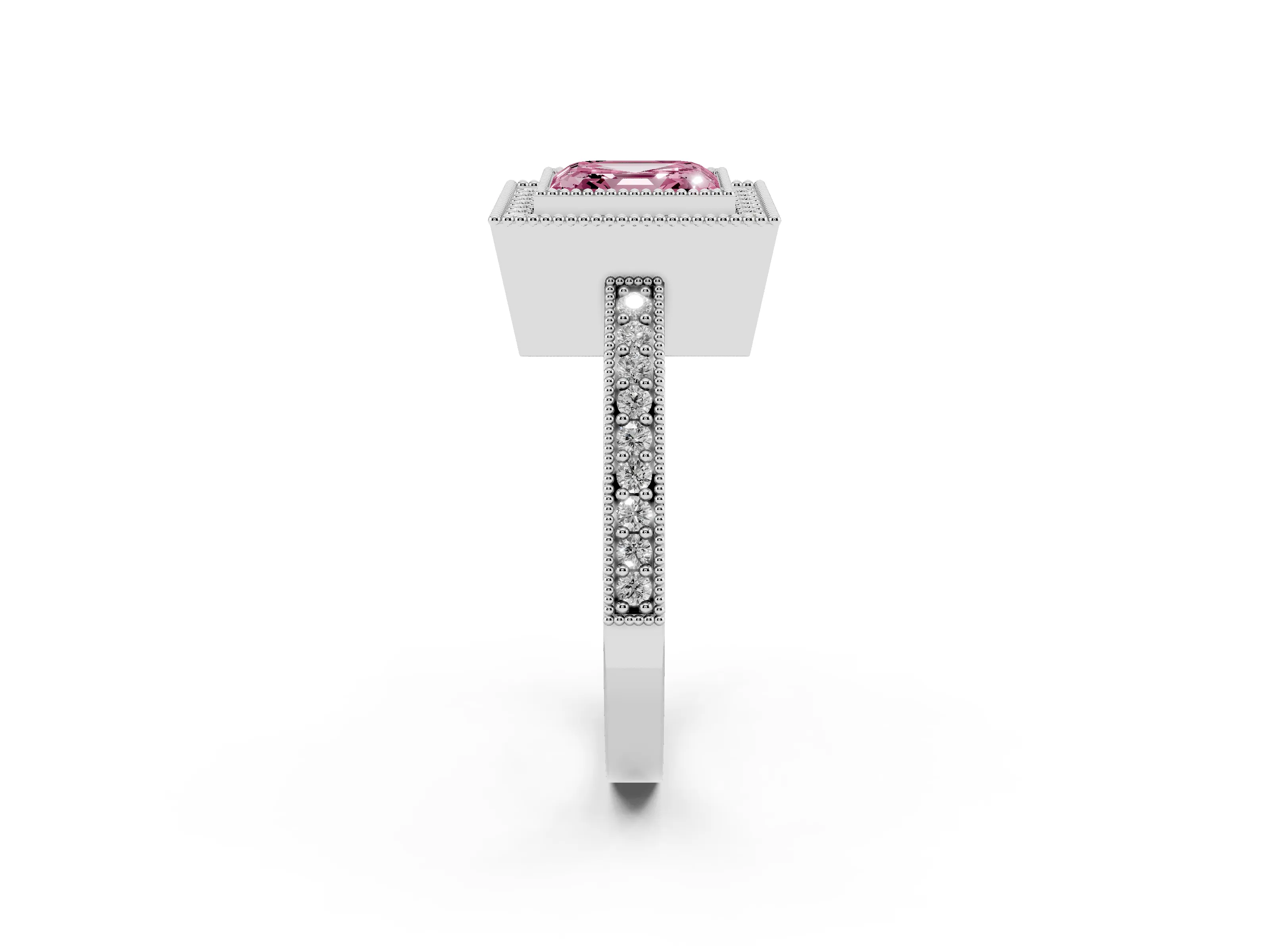 Fancy Pink Asscher Cut Diamond Halo Engagement Ring Set in White gold with Pavé Band and Round Halo Stones