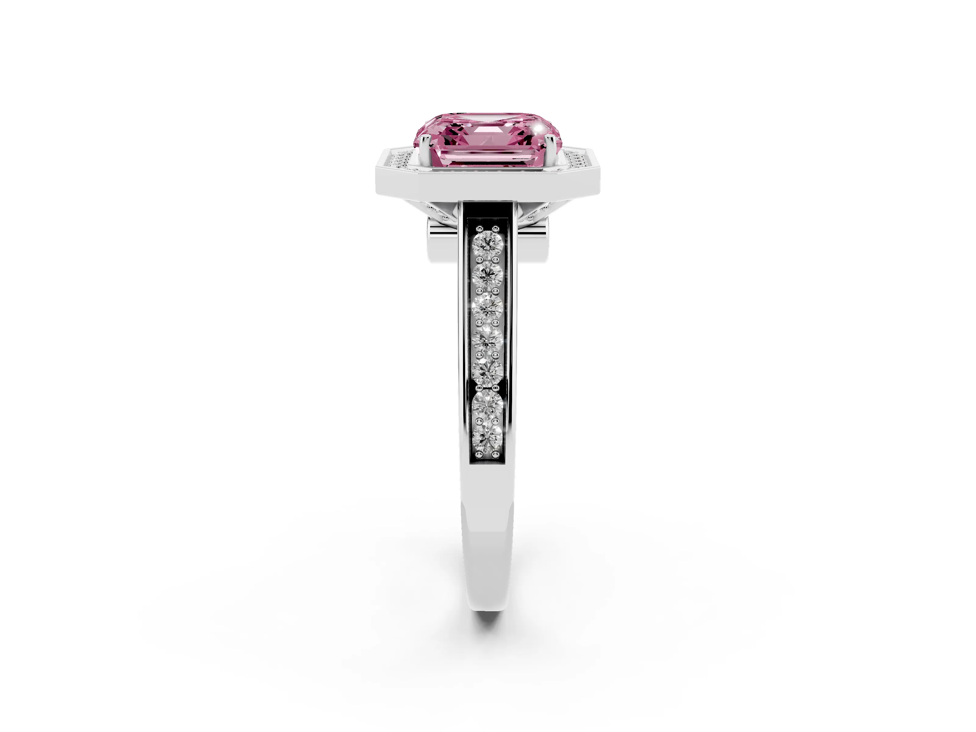 Fancy Pink Asscher Cut Diamond Halo Solitaire Ring Set in Platinum with Pavé Band and Bezel Setting