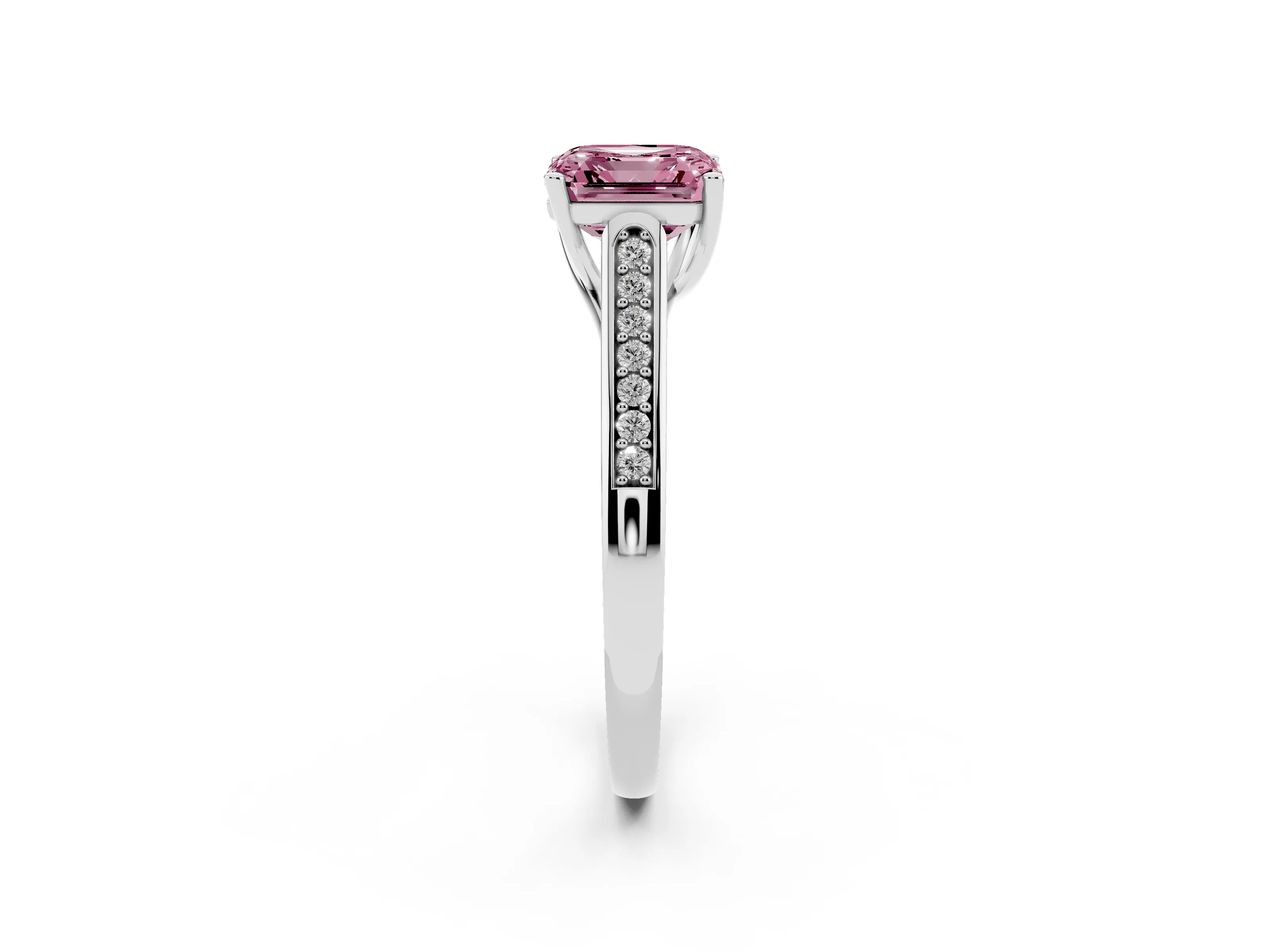 Fancy Pink Asscher Cut Diamond Solitaire Cathedral Engagement Ring Set in White gold with Channel-Set Band and Prong Setting