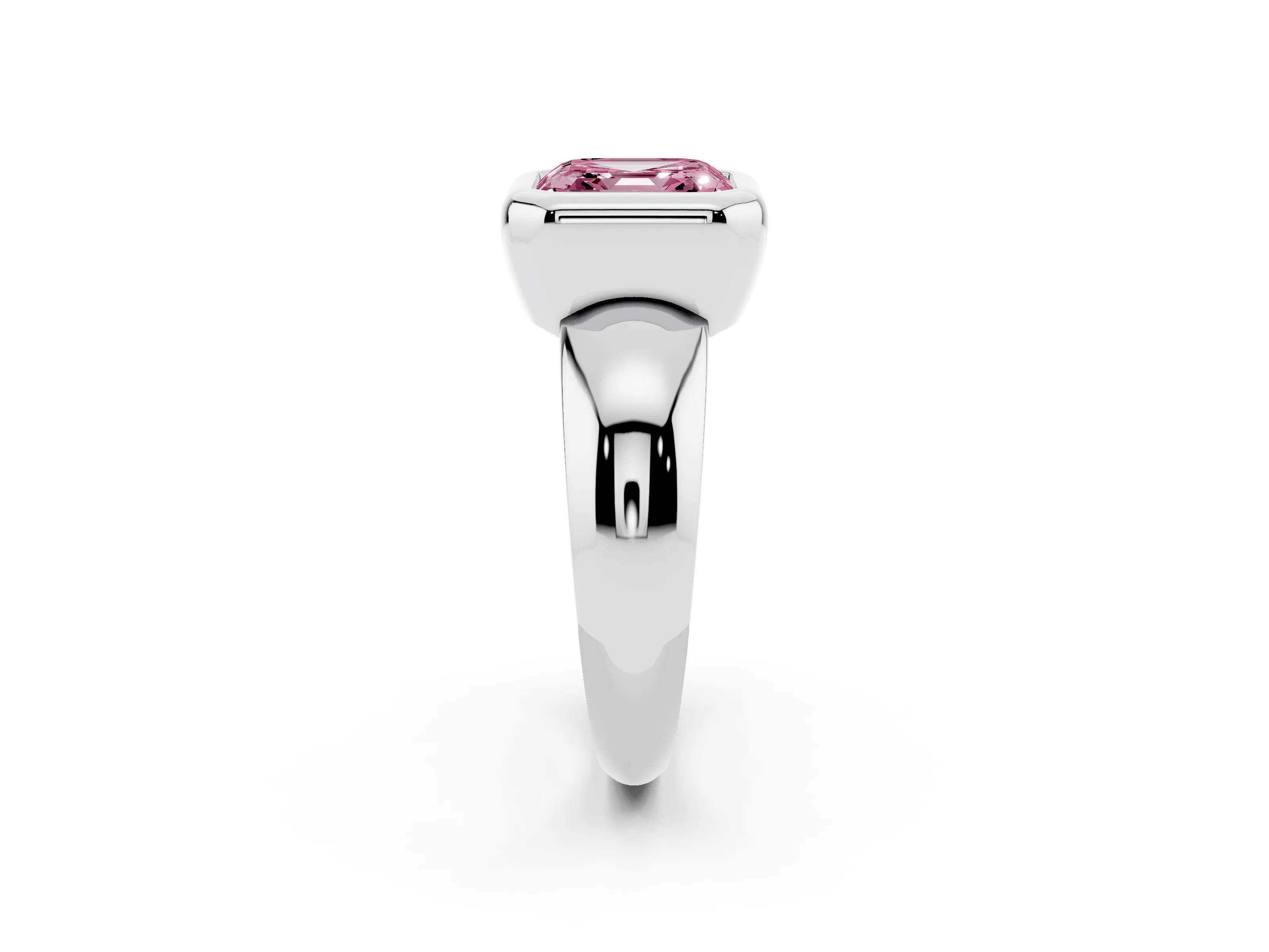 Fancy Pink Bezel Set Asscher Cut Diamond Solitaire Ring Set in Platinum with Wide Band