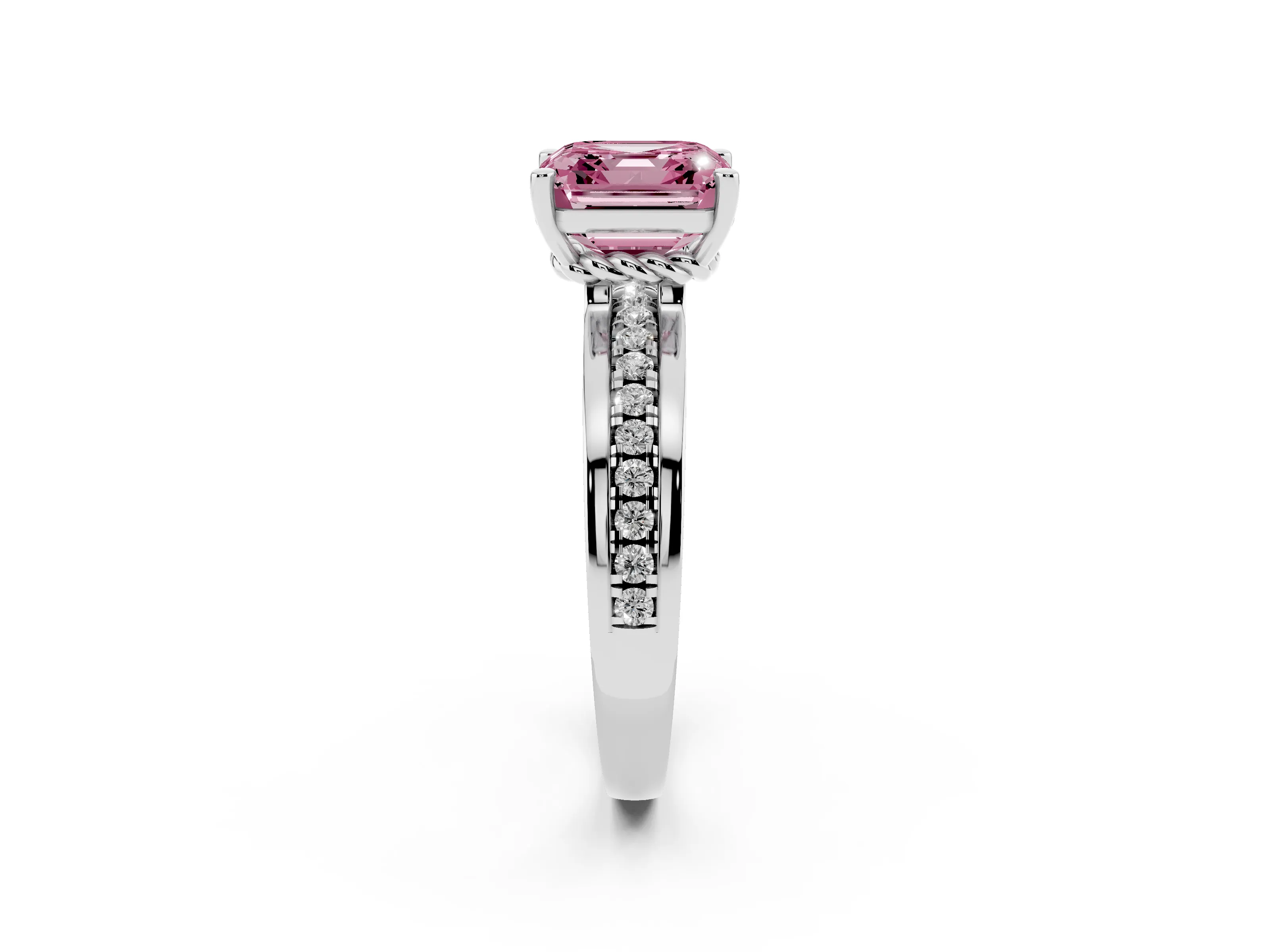 Fancy Pink Asscher Cut Diamond Solitaire Ring Set in White gold with Channel Set Band and Prong Setting