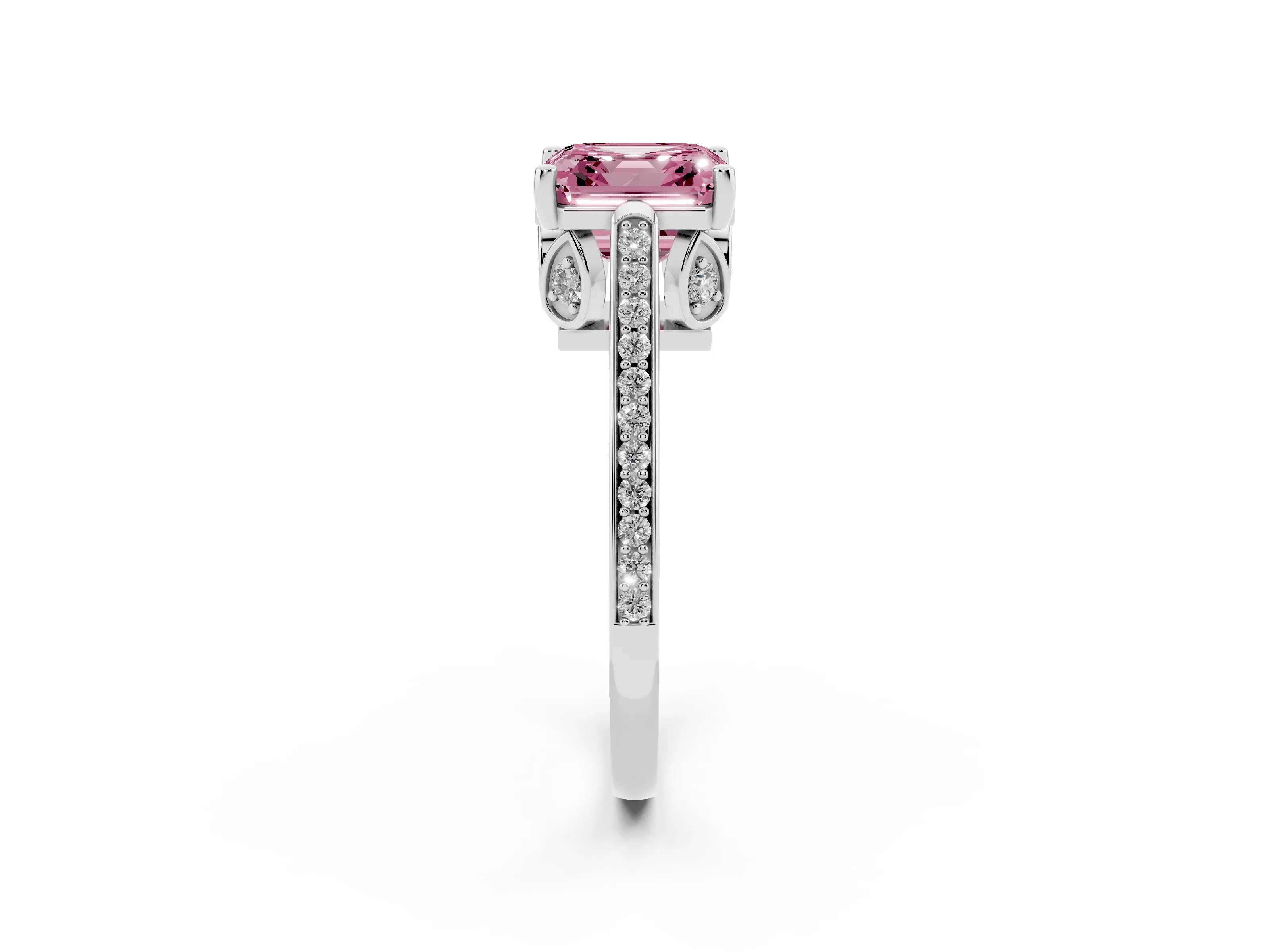 Fancy Pink Asscher Cut Diamond Cathedral Pavé Engagement Ring Set in Silver with Prong Setting