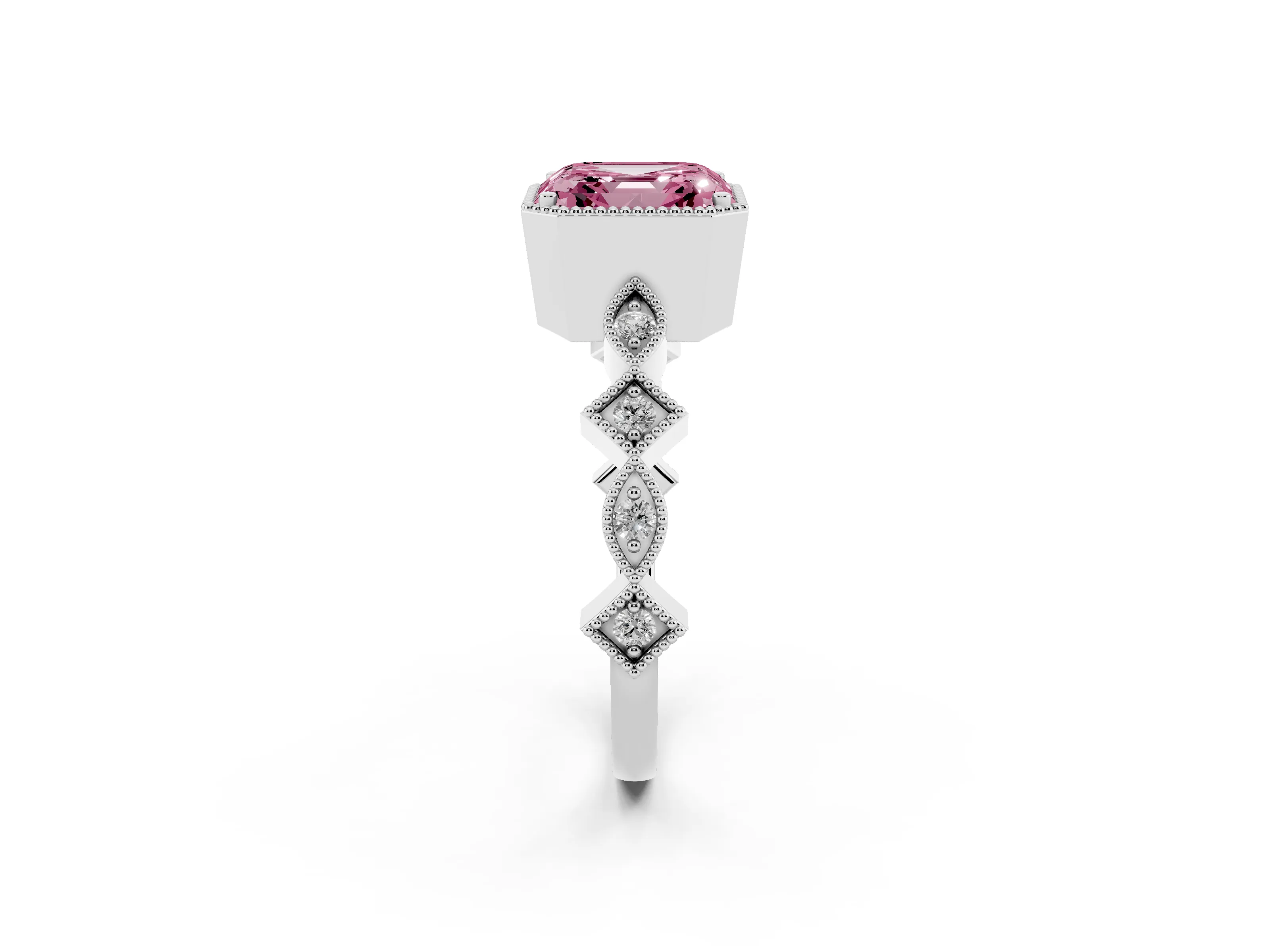 Fancy Pink Asscher Cut Diamond Milgrain Marquise Twist Band Ring Set in Silver with Prong Setting