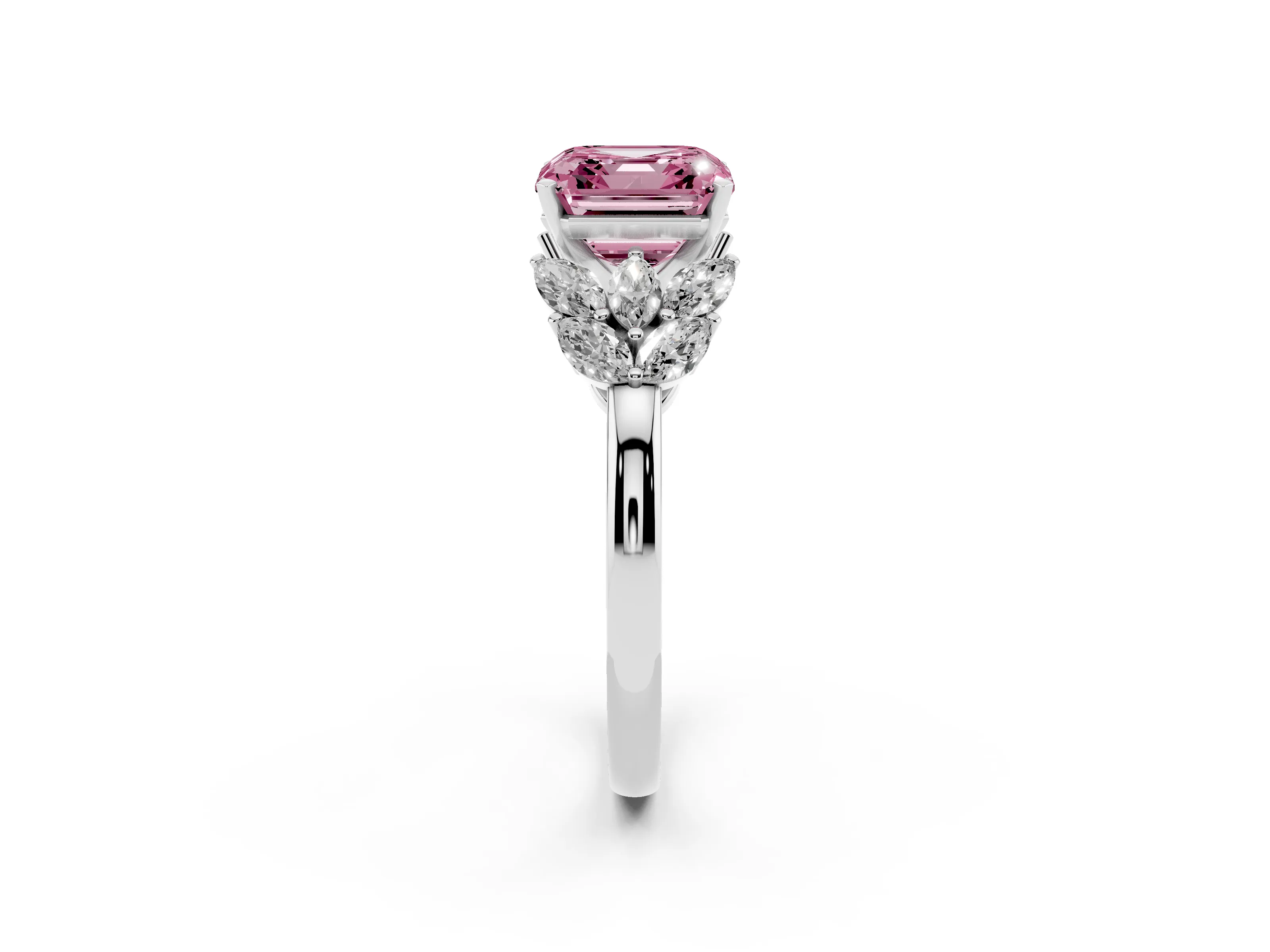 Fancy Pink Asscher Cut Diamond Cluster Leaf Design Ring Set in White gold with Prong Setting