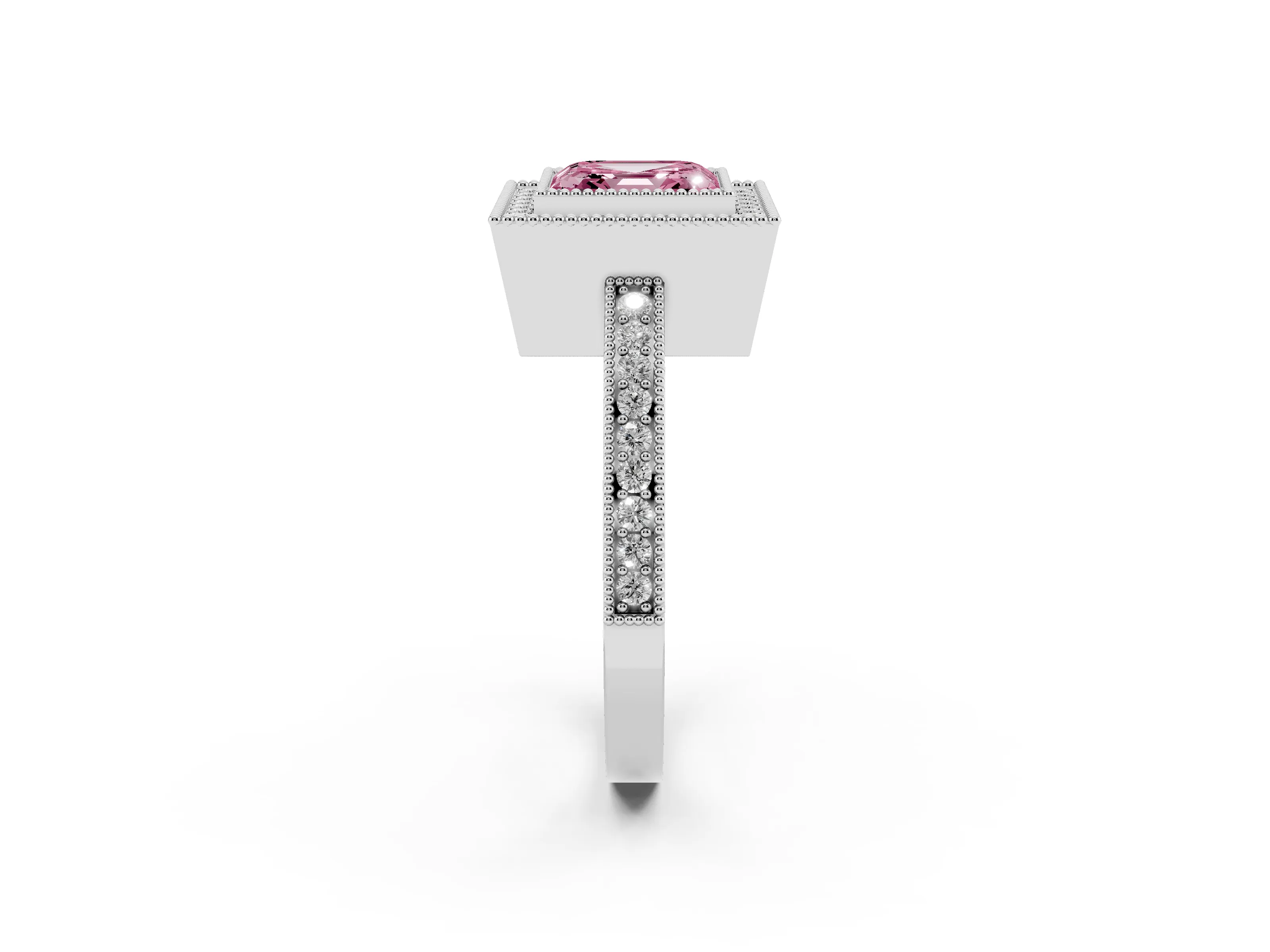 Fancy Pink Asscher Cut Diamond Round Halo Ring Set in White gold with Pavé Band