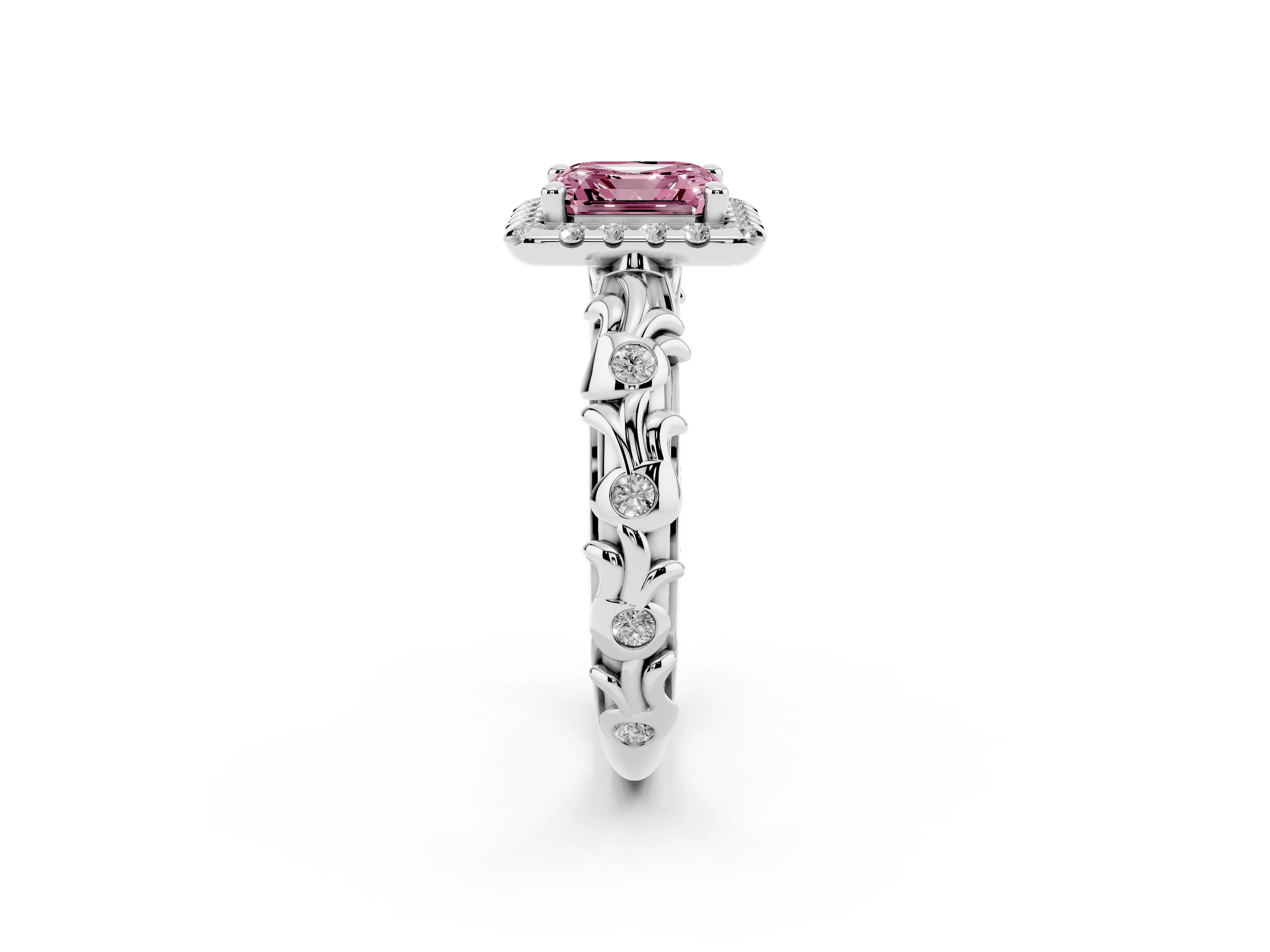 Fancy Pink Asscher Cut Diamond Halo Ring Set in Platinum with Filigree Leaf Band and Prong Setting