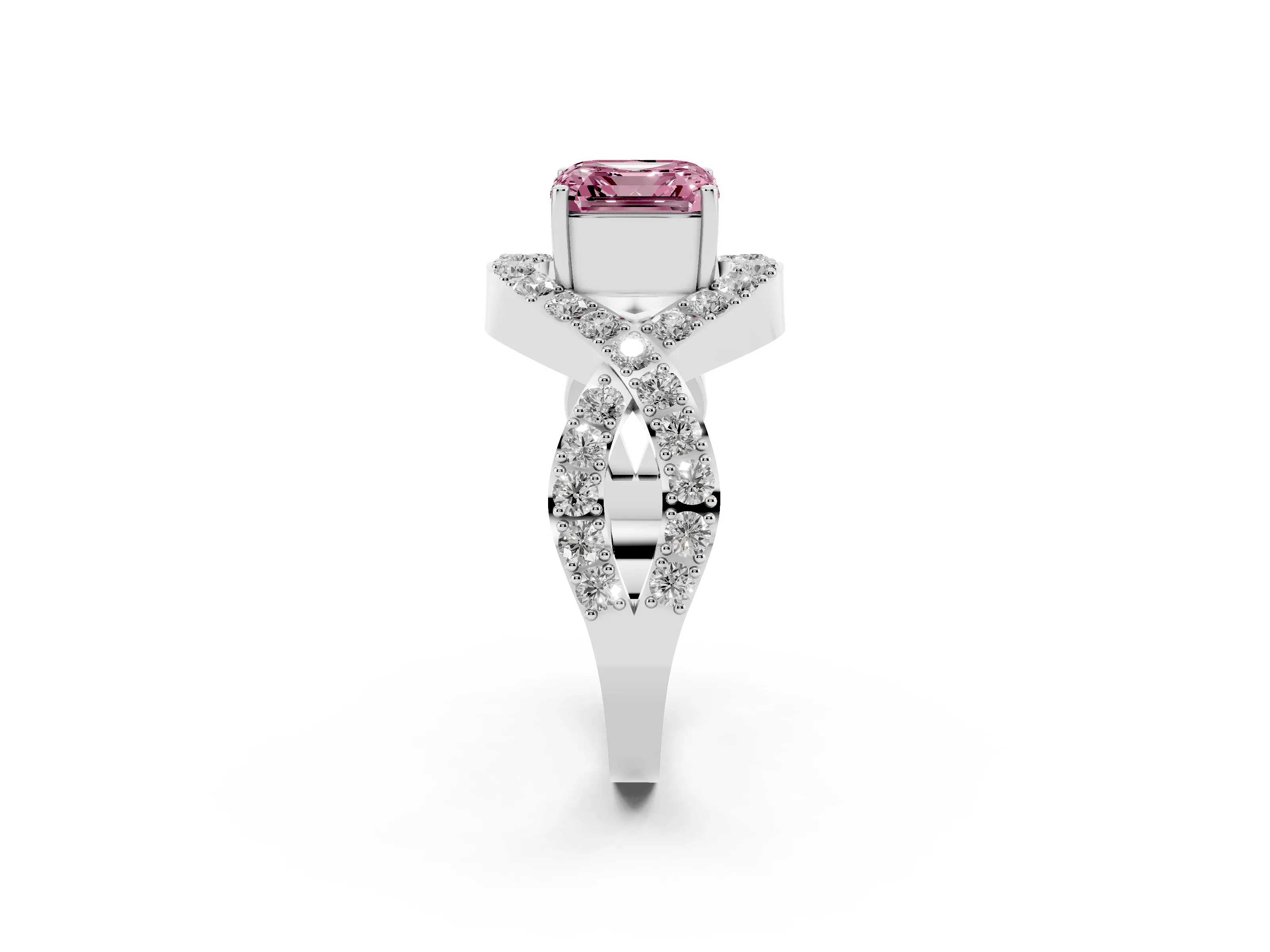 Fancy Pink Asscher Cut Diamond Solitaire Twist Band Pavé Engagement Ring Set in Platinum