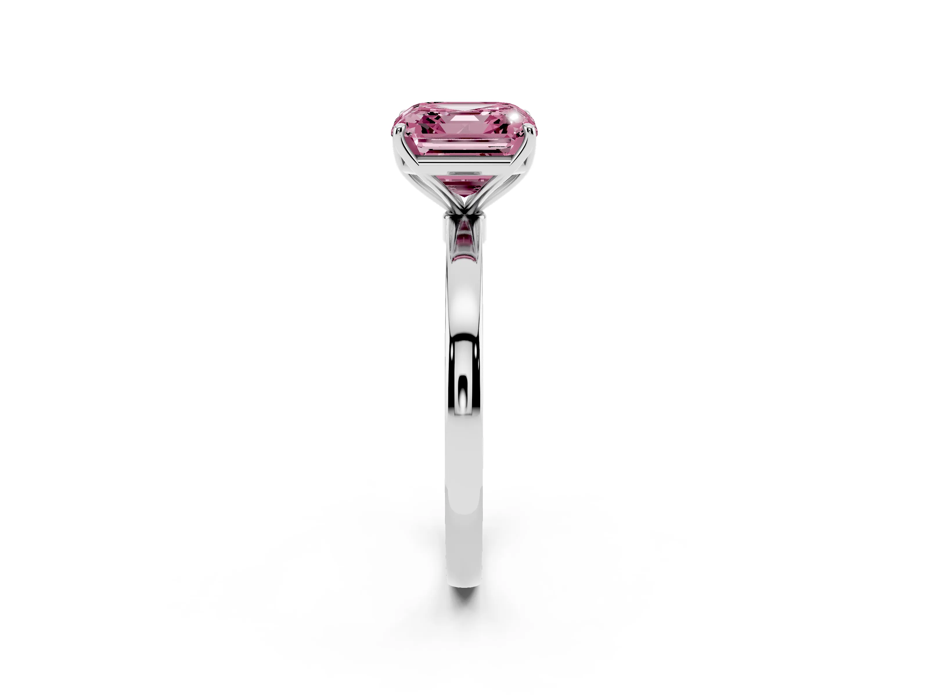Fancy Pink Asscher Cut Diamond Solitaire Ring Set in Platinum with Prong Setting and Thin Polished Band