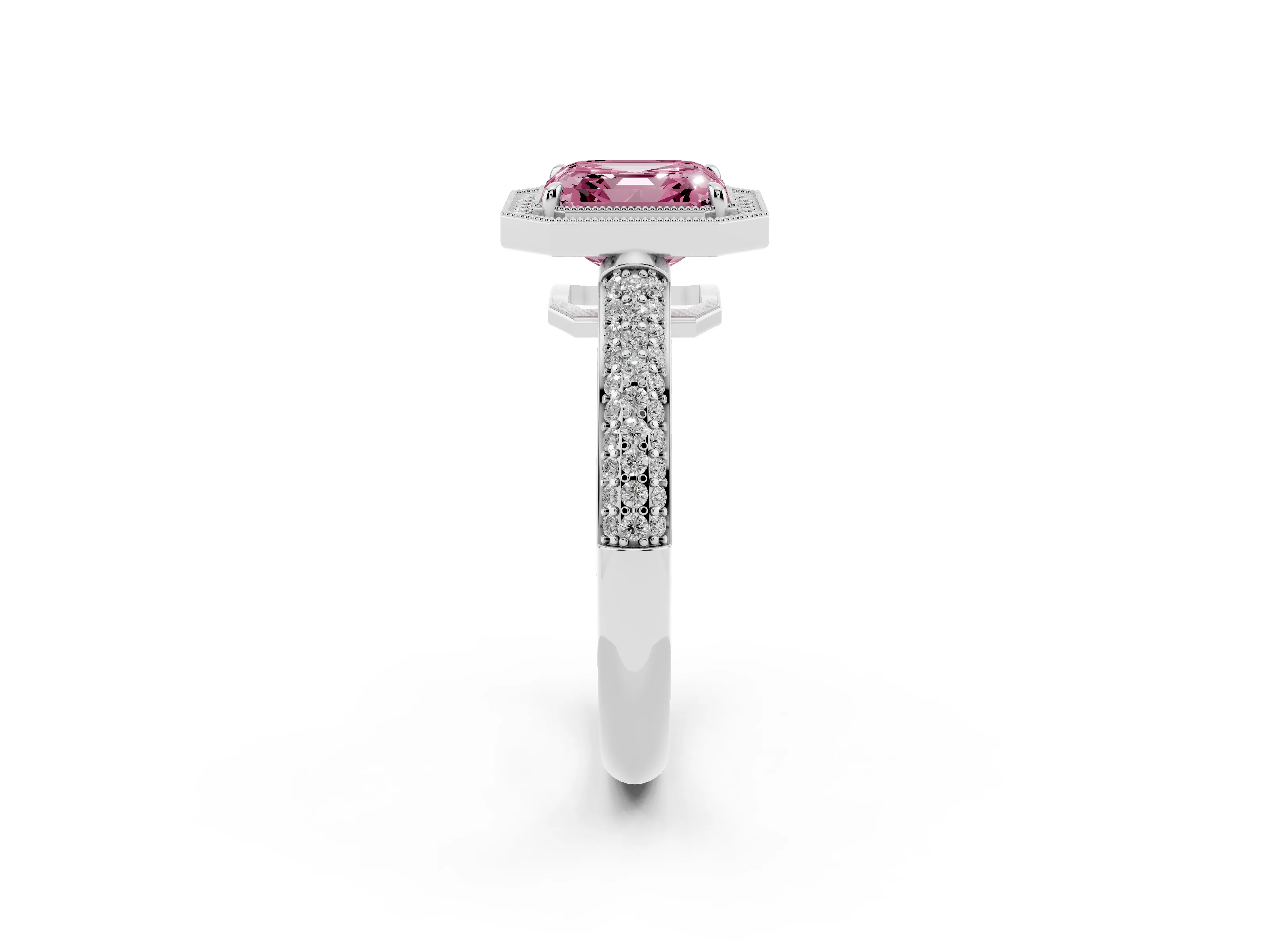Fancy Pink Asscher Cut Diamond Halo Pavé Band Set in White gold with Prong Setting