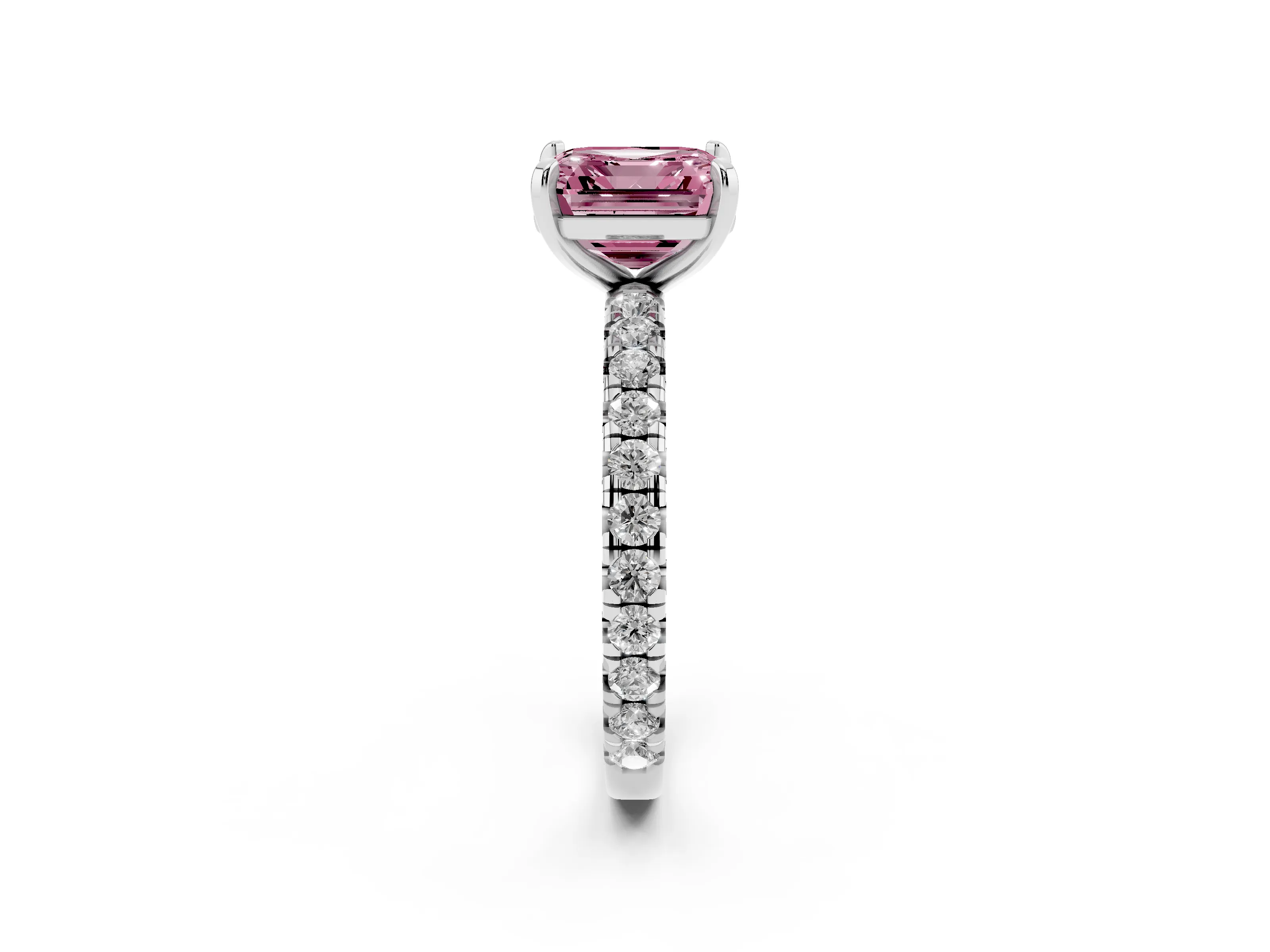 Fancy Pink Asscher Cut Diamond Pavé Solitaire Ring Set in Silver with Round Band and Prong Setting