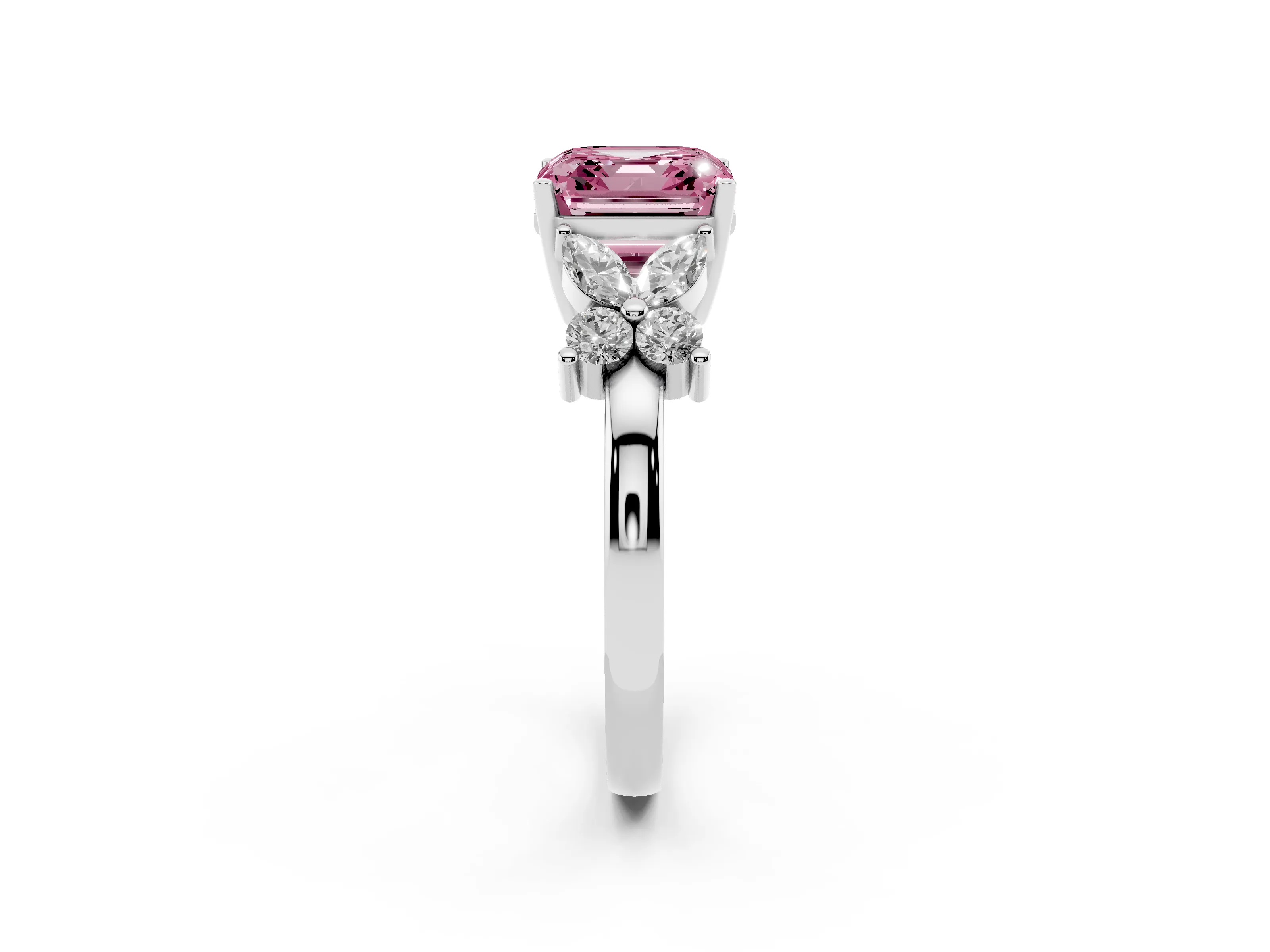 Fancy Pink Asscher Cut Diamond Floral Cluster Ring Set in White gold with Marquise Petals and Prong Setting